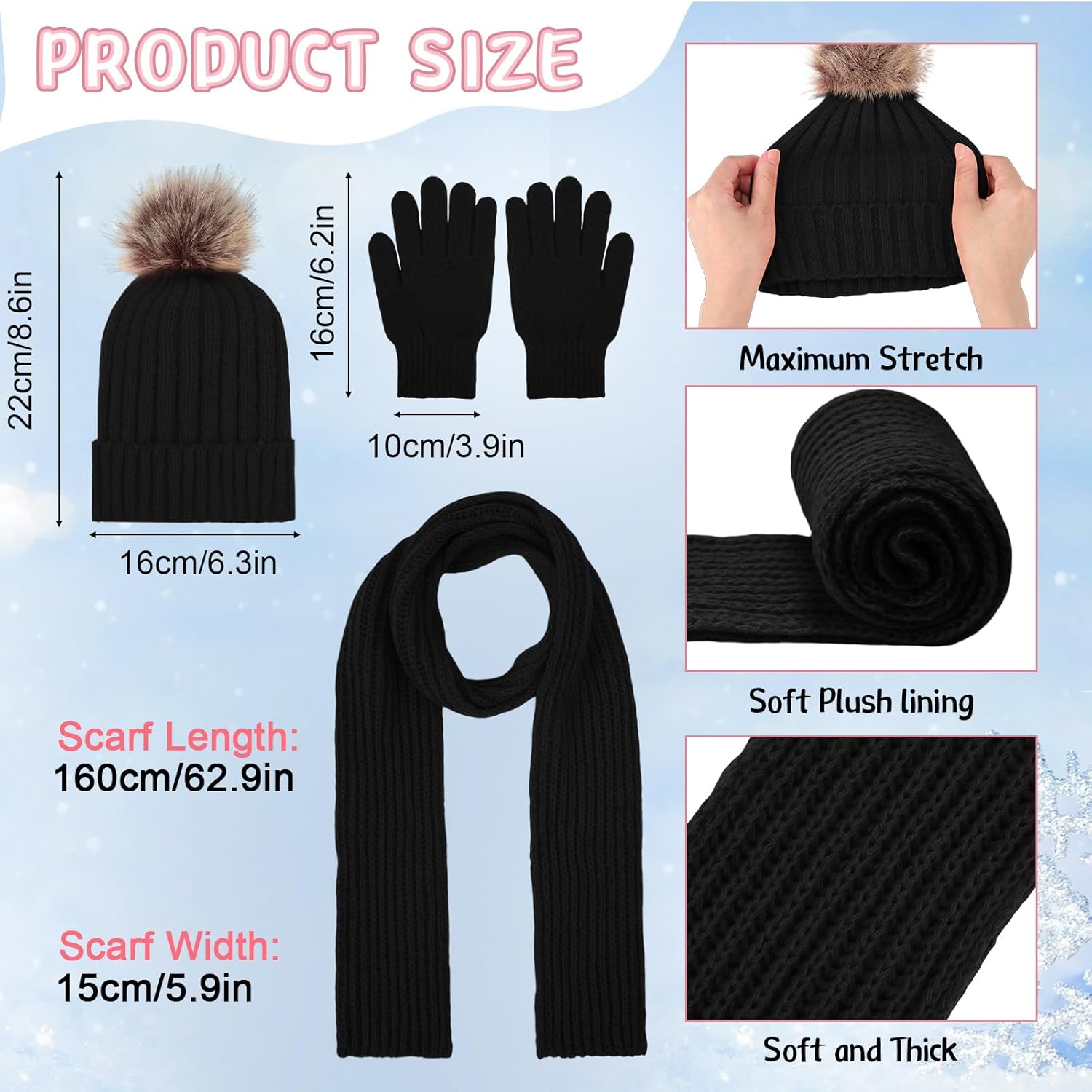 JaGely 20 Pcs Kids Knit Winter Hat Gloves Scarf Set with Plush Earmuffs Warm Kids Pom Beanie Hat Snow Gloves Neck Scarves Unisex Cold Weather Cap Full Fingers Knitted Ski Mittens for Boys Girls Gift - Image 2