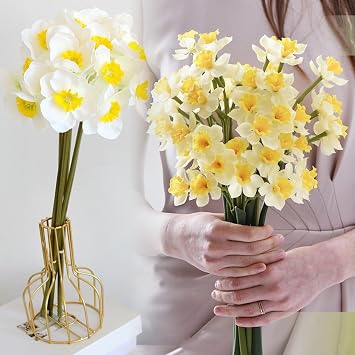 6 Stems Daffodils Artificial Flowers, 15 inch Artificial Daffodils that Look Real, White Faux Daffodil Bouquet, Silk Narcissus Fake Flowers for Home Office Floral Arrangement, Wedding Party Decor