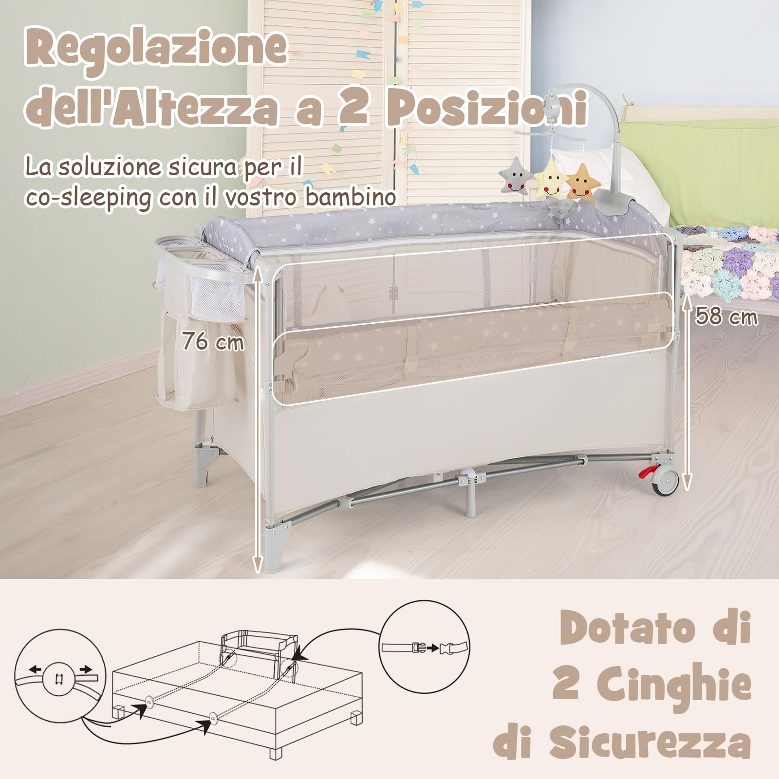 COSTWAY 5 in 1 Lettino per Bambini con Materasso, Lettino Culla da Viaggio per Neonati, Culla Neonato con Fasciatoio, Box Portatile Pieghevole, con Ruote e Borsa, 125 x 65 x 119 cm (Beige)