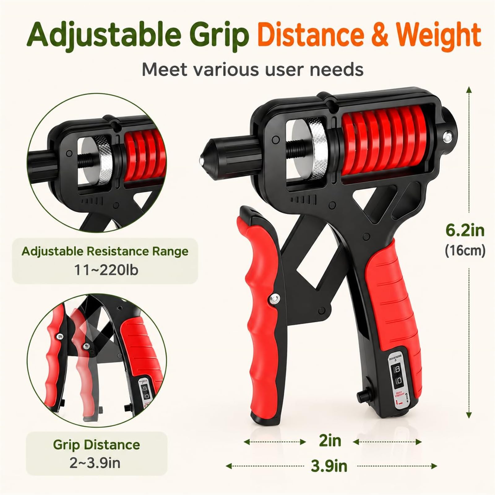 Entrenador de mano ergonómico ajustable con agarre en H, fortalecedor de antebrazo con contador para entrenamiento y alivio del estrés, ejercitador de muñeca con mango antideslizante