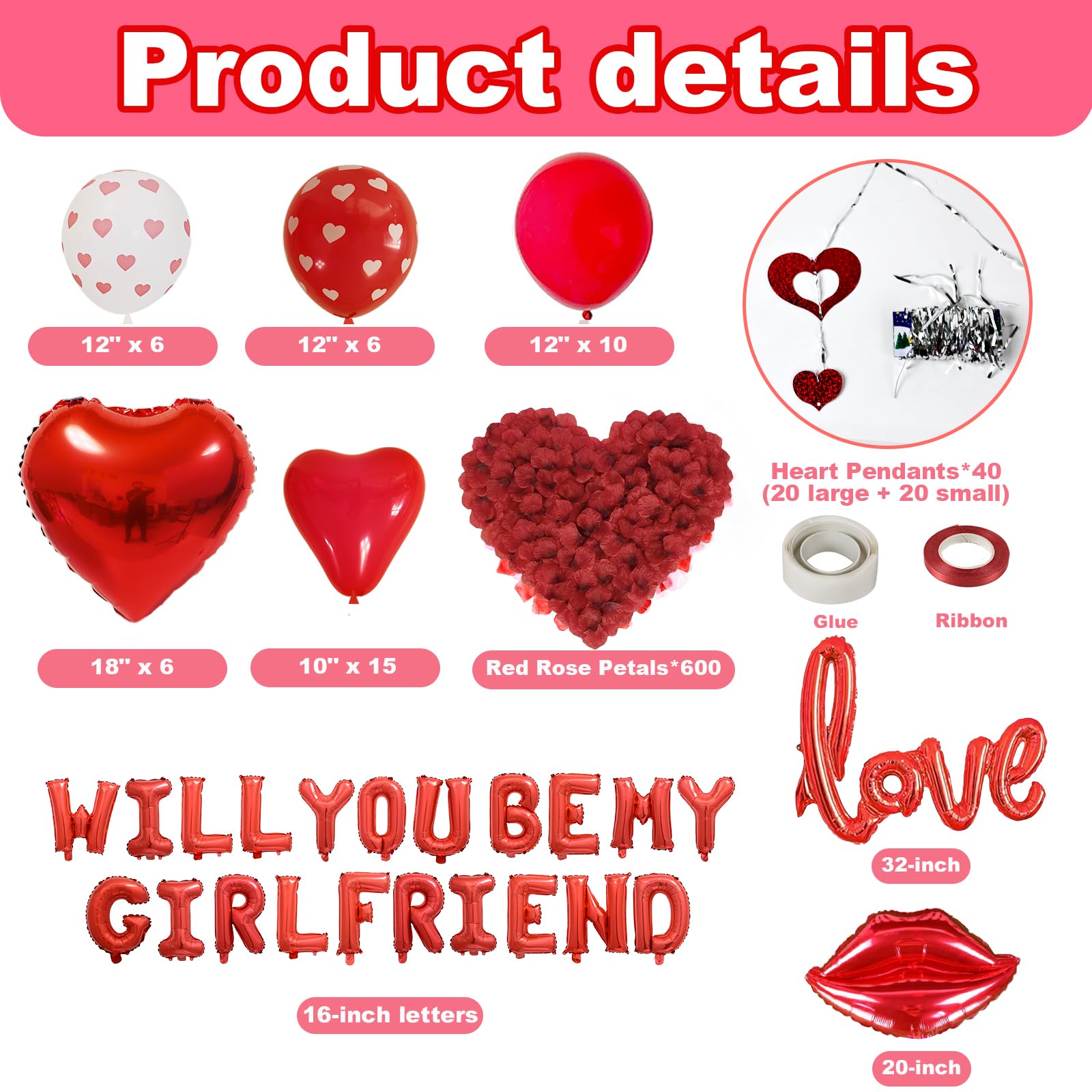 'Will You Be My Girlfriend' balon znak, 'Be My Girlfriend' propozycja, czerwony płatek róży, czerwone balony w kształcie serca, dekoracje walentynkowe