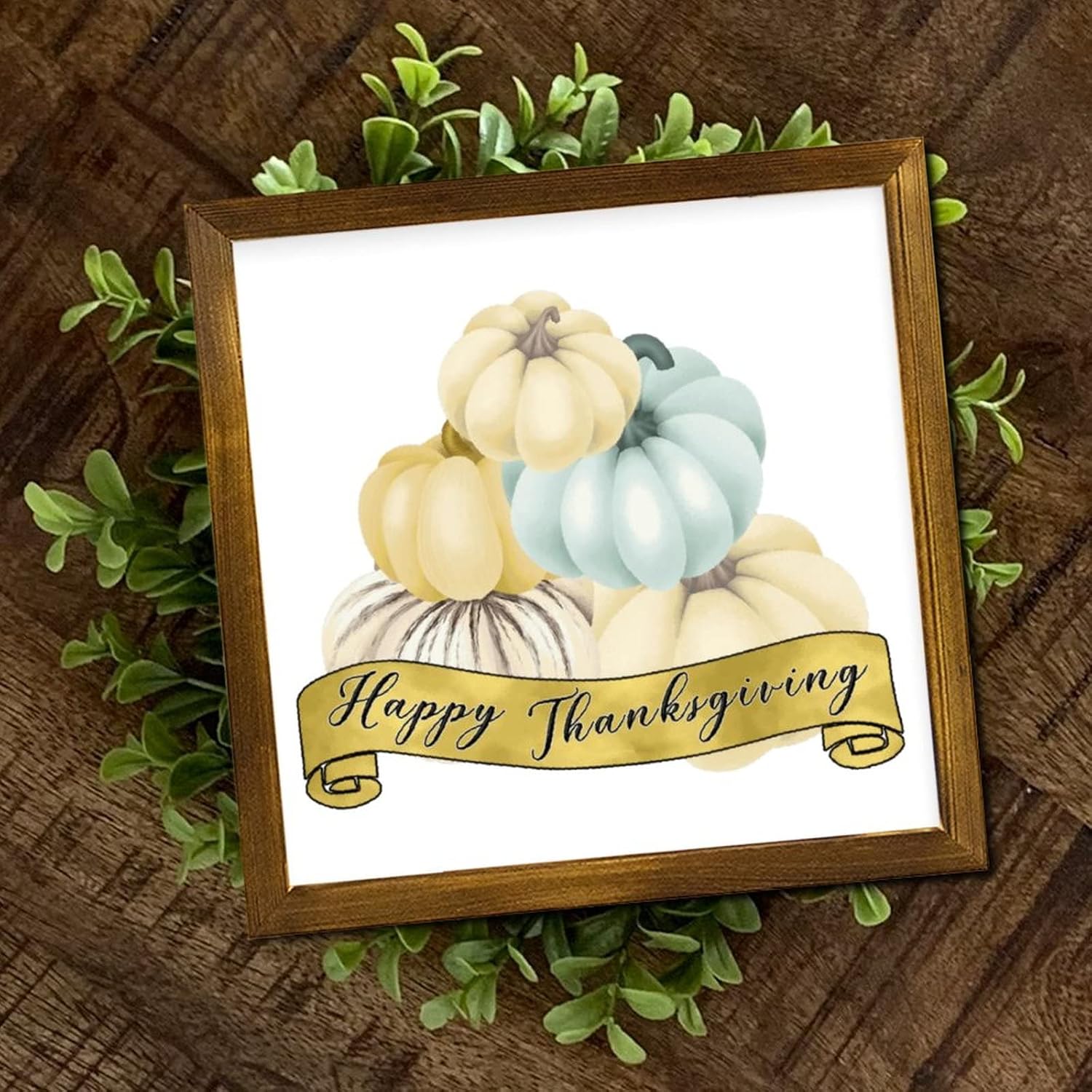 Happy Thanksgiving Day Framed Wooden Sign Fall Pumpkin Sunflower Wooden Plaque Retro Farm Harvest Wall Art Hanging Farmhouse Decoration Plaque for Home Kitchen Living Room Table 12x12 inch