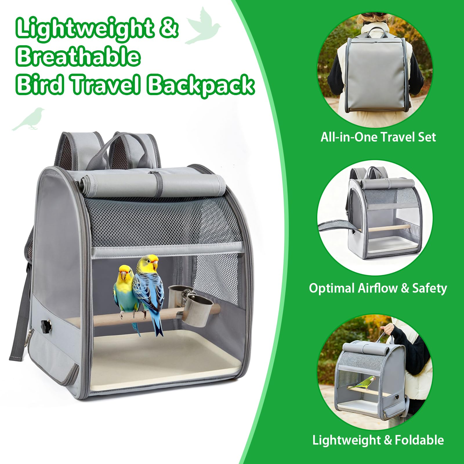 Mochila transportadora para pájaros, contenedor de transporte para pájaros con comedero y recogedor de heces, jaula de viaje para pájaros, jaula portátil para mascotas de malla transpirable para