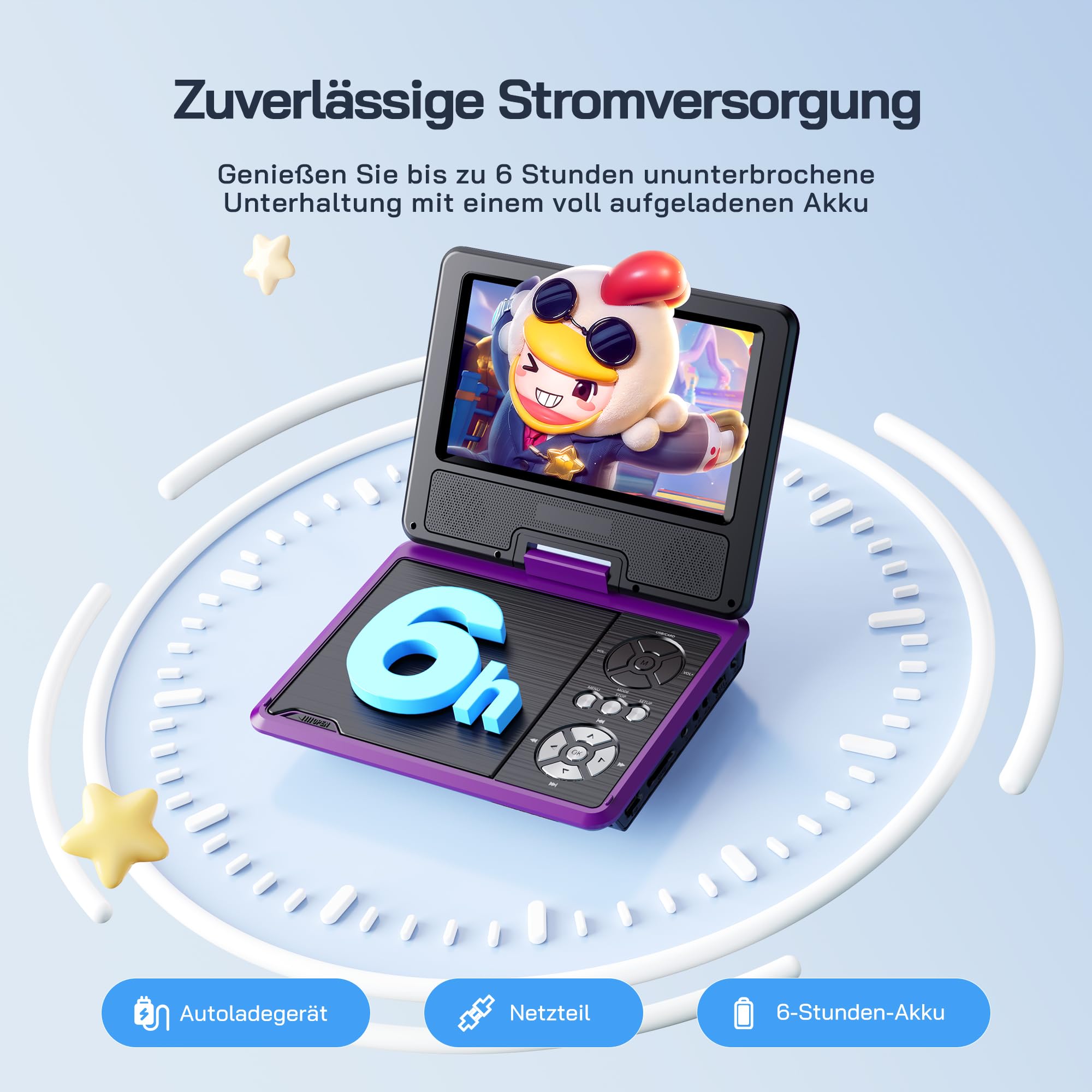 WOLFANG 9,5 Zoll Aufladbarer Tragbarer DVD-Player für Kinder im Auto, 7,5 Zoll HD Drehbildschirm, 6 Stunden Spielzeit, Sync TV/USB/SD, Keine Blu-ray-Unterstützung (Lila)