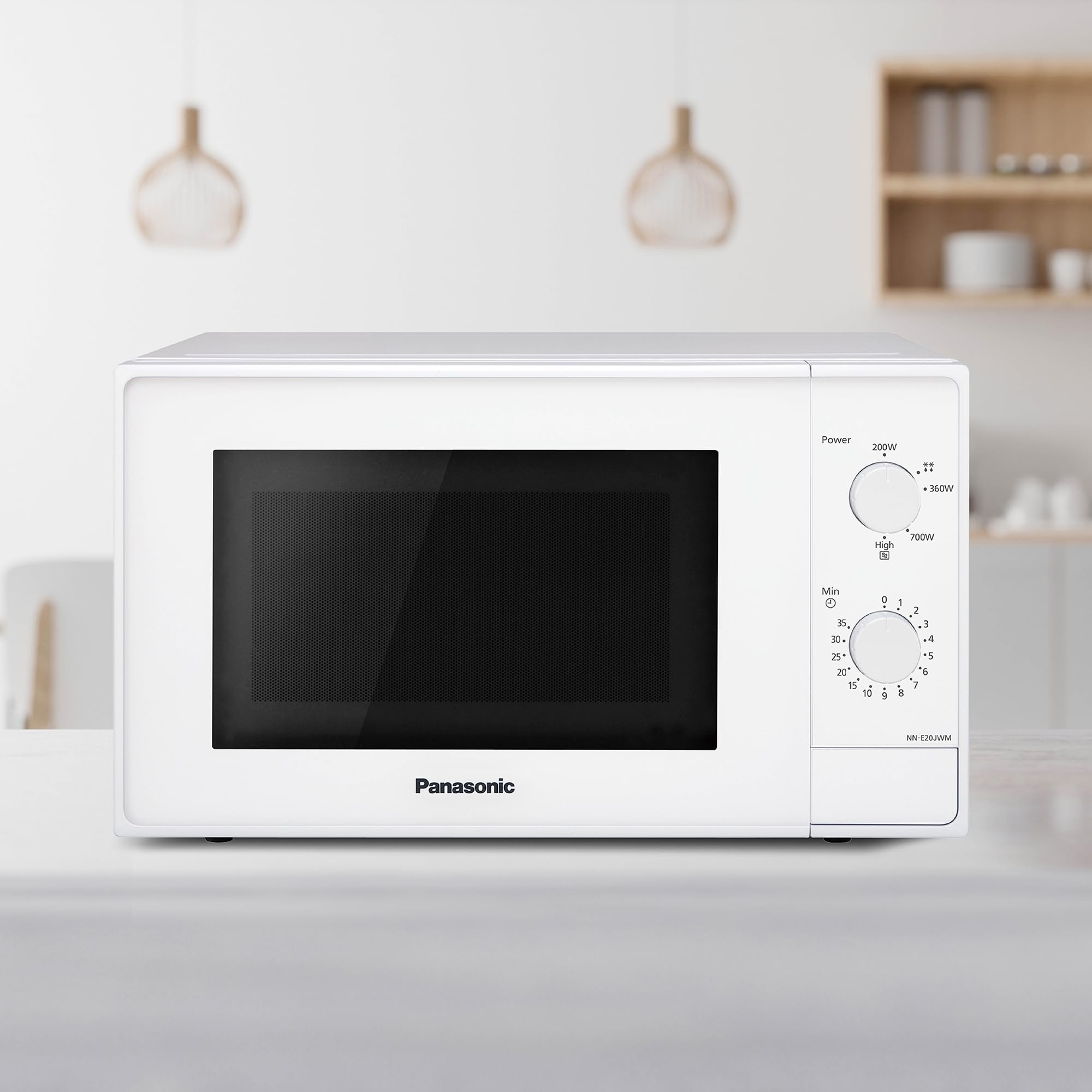 Panasonic NN-E20JWMEBG Horno microondas con Plato Giratorio de Cristal, 20 L, 800 W, Descongelación, 5 Niveles De Potencia, Temporizador, Blanco