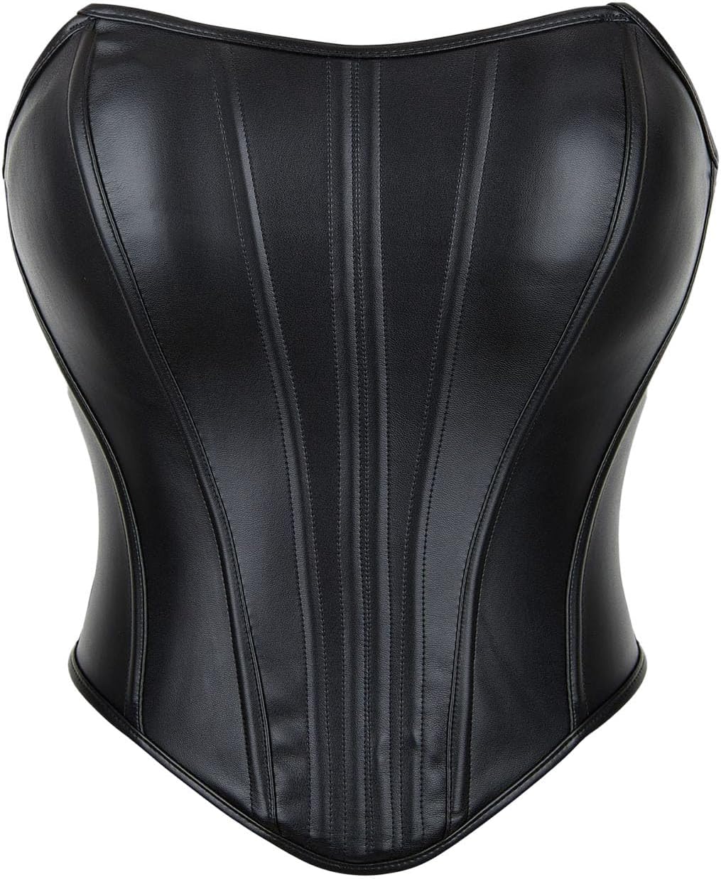 Leather Look Corset Top For Women, Strapless Overbust Bustier With Boned Panels, Pointed Hem Going Out Club Tops