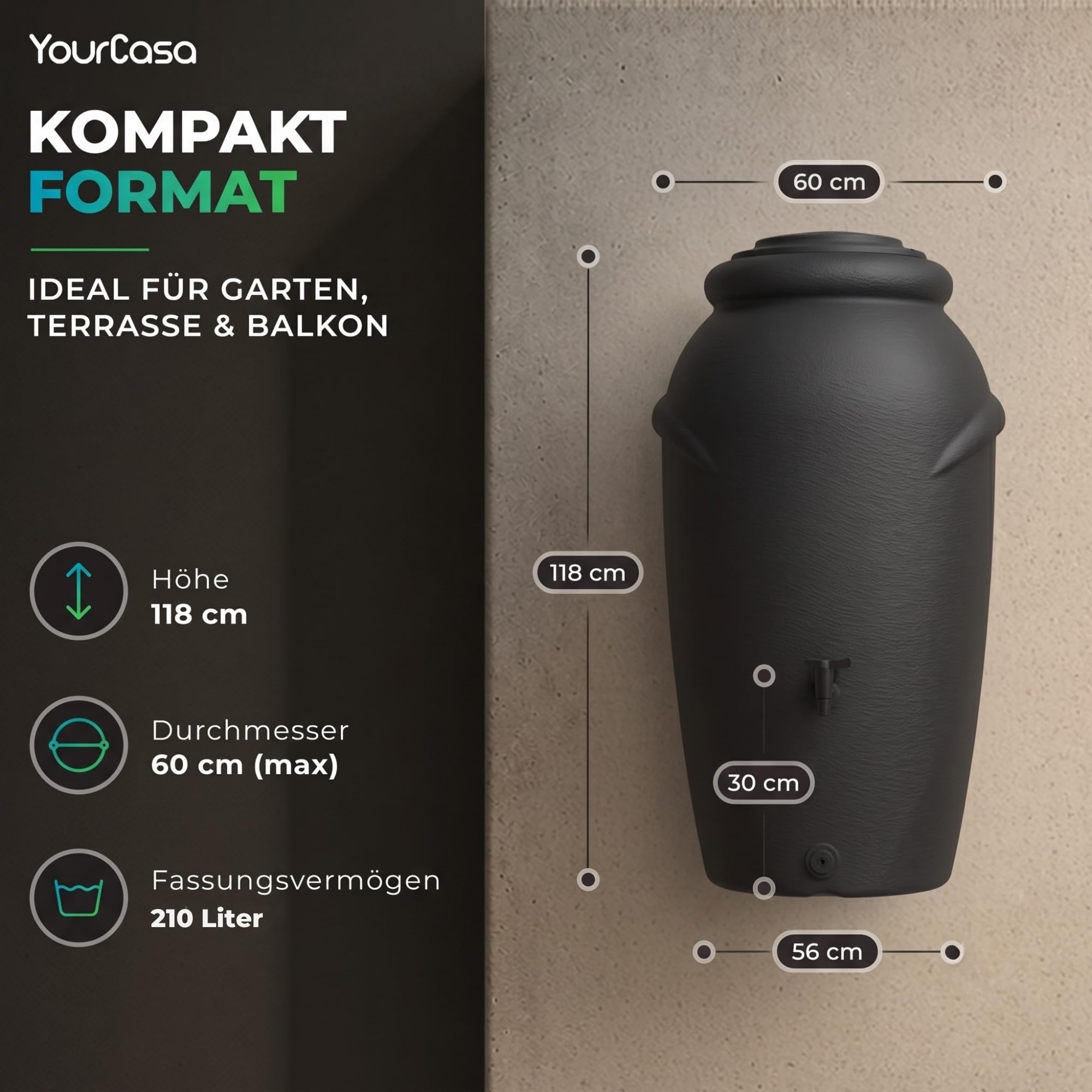 YourCasa Regentonne 210 Liter [Amphore Design] Regenfass Frostsicher aus Kunststoff - Regenwassertonne mit Wasserhahn - Regenwassertank Garten Regenwassersammler Wasserfass Wassertonne (Terracotta)