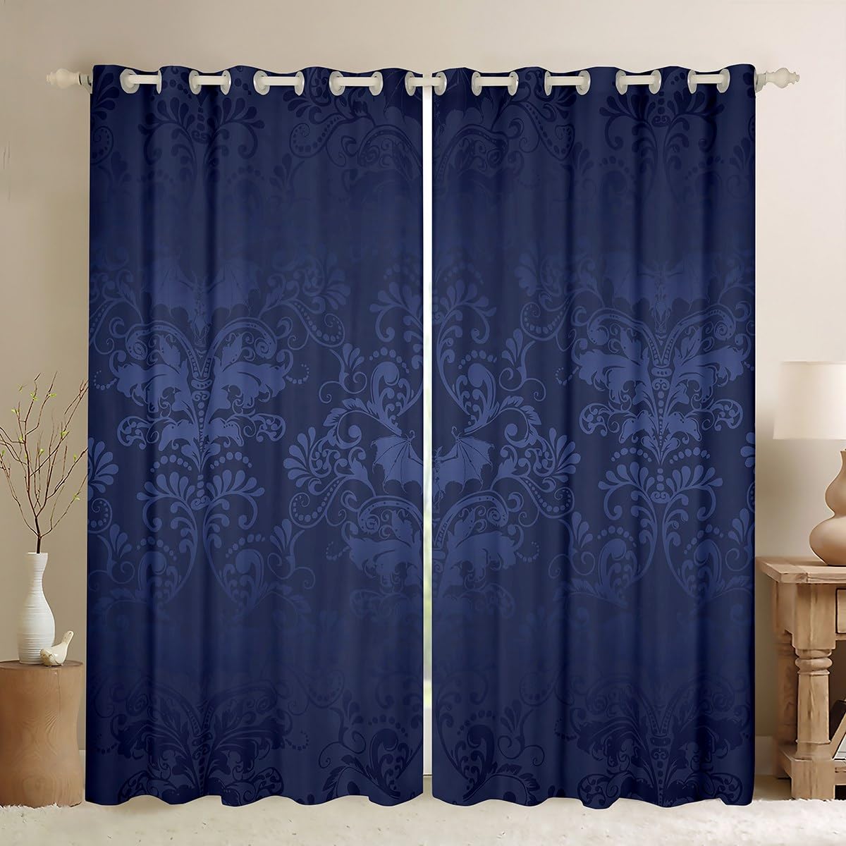 Homewish 30%-50% Blackout Curtains, Antique Victorian 2 Panels 66" Wx72 L, Vintage Floral Goth Drapes for Bedroom, Bats Sugar Skull Boho Baroque Decor, Azure Blue