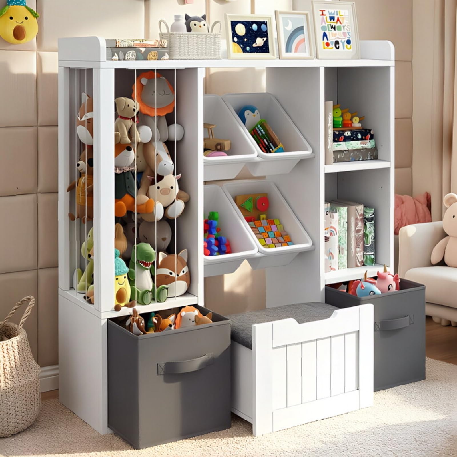 Jehiatek Kinderregal mit Stauraum-Sitzbank, Holz Spielzeugregal mit Kuscheltierfach, 2 Regalböden, 2 Stoffschubladen und 4 Aufbewahrungsboxen, Bücherregal für Kinderzimmer, Spielzimmer & Schlafzimmer