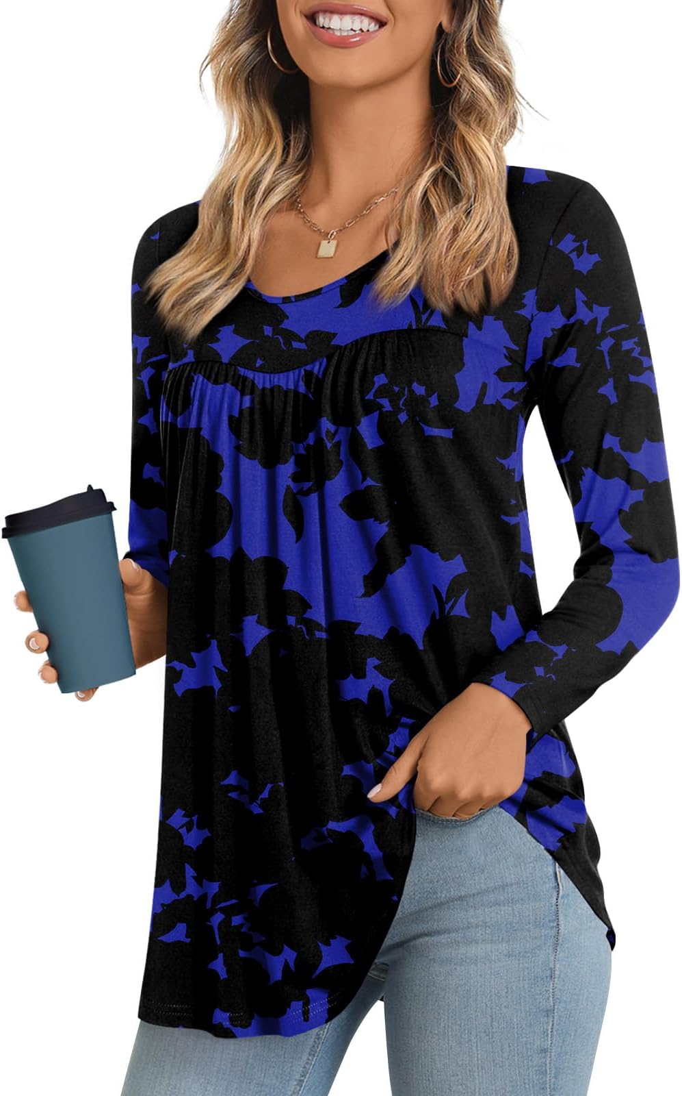 LONGYUAN Women's Long Sleeve Casual Tunics Tops 2025 Winter Loose Shirts Flare Blouse Comfy Elastic Cute
