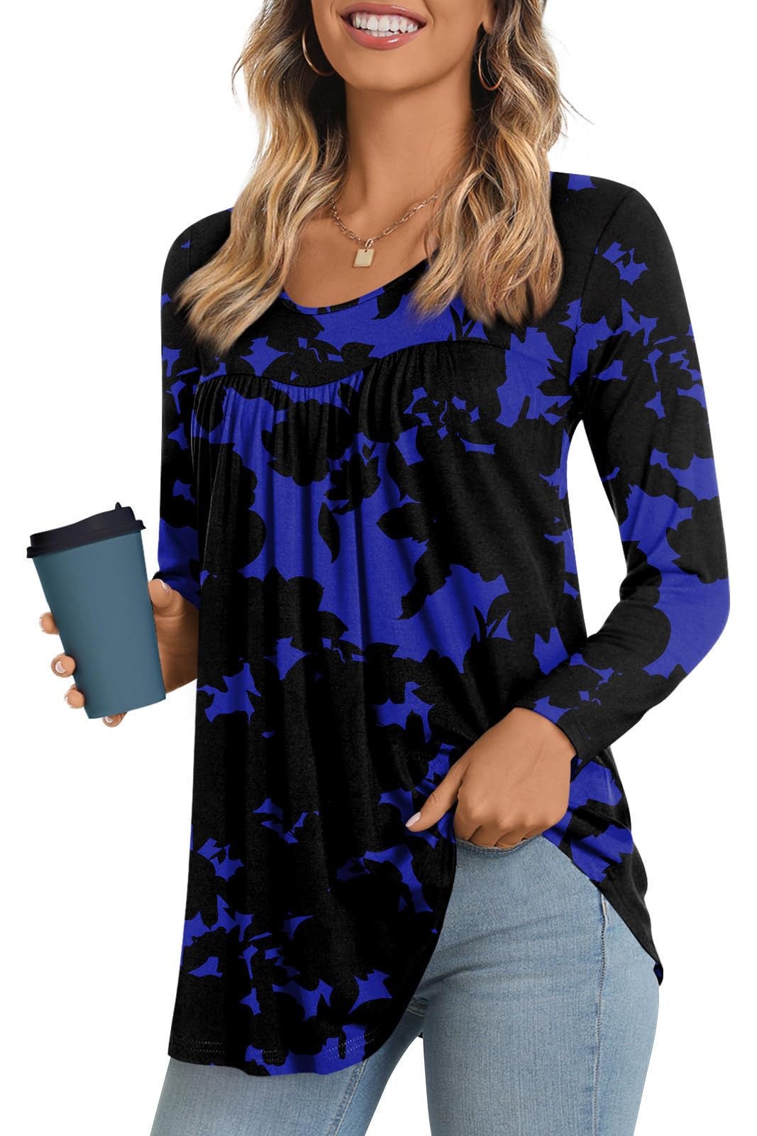 LONGYUAN Women's Long Sleeve Casual Tunics Tops 2025 Winter Loose Shirts Flare Blouse Comfy Elastic Cute
