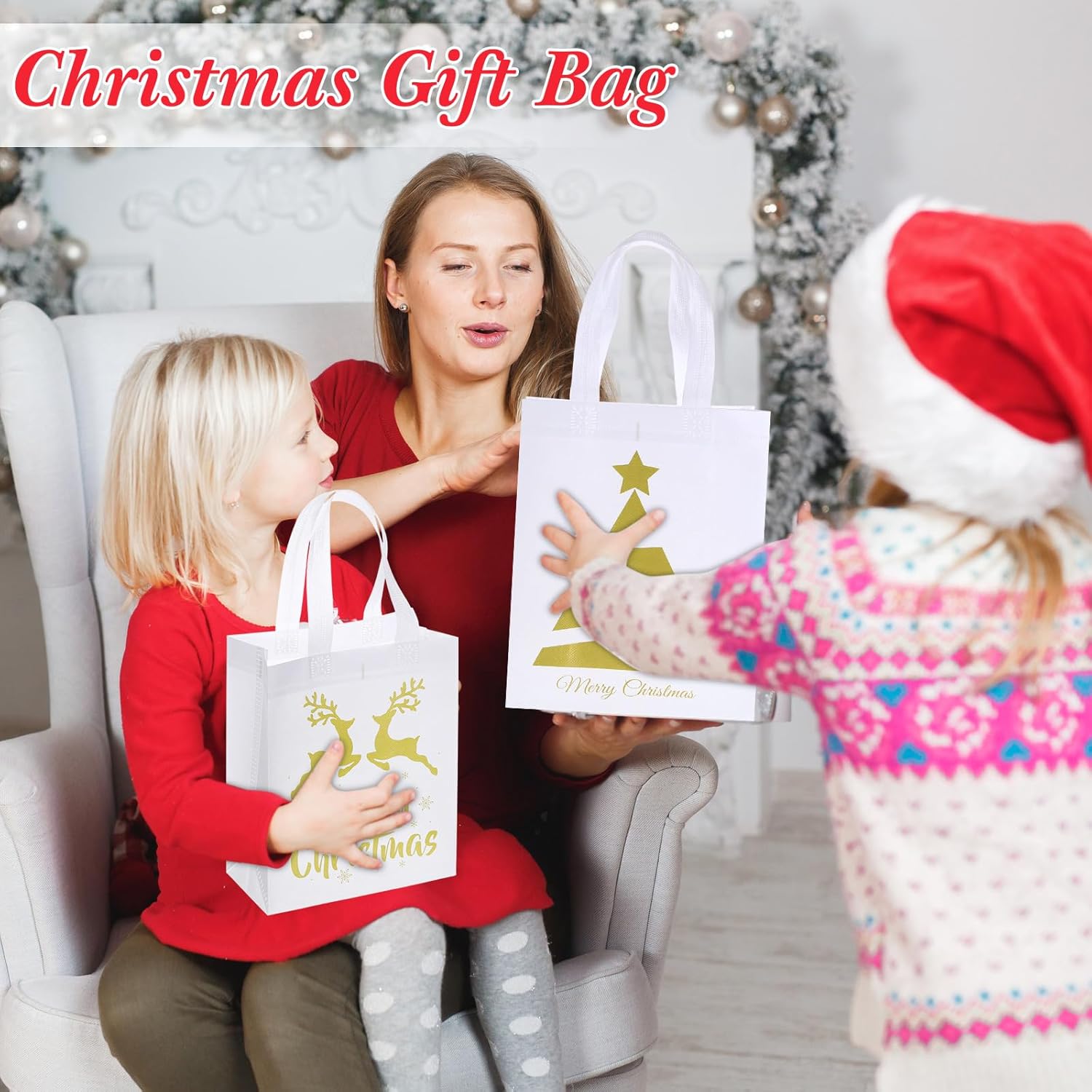 Wesnoy 24 Pcs Christmas Gift Bags Bulk 10 x 8 x 4 Inch Christmas White Gold Non Woven Party Favors Goodies Candy Bags with Handles for Holiday Gift Birthday Party Supplies - Image 4