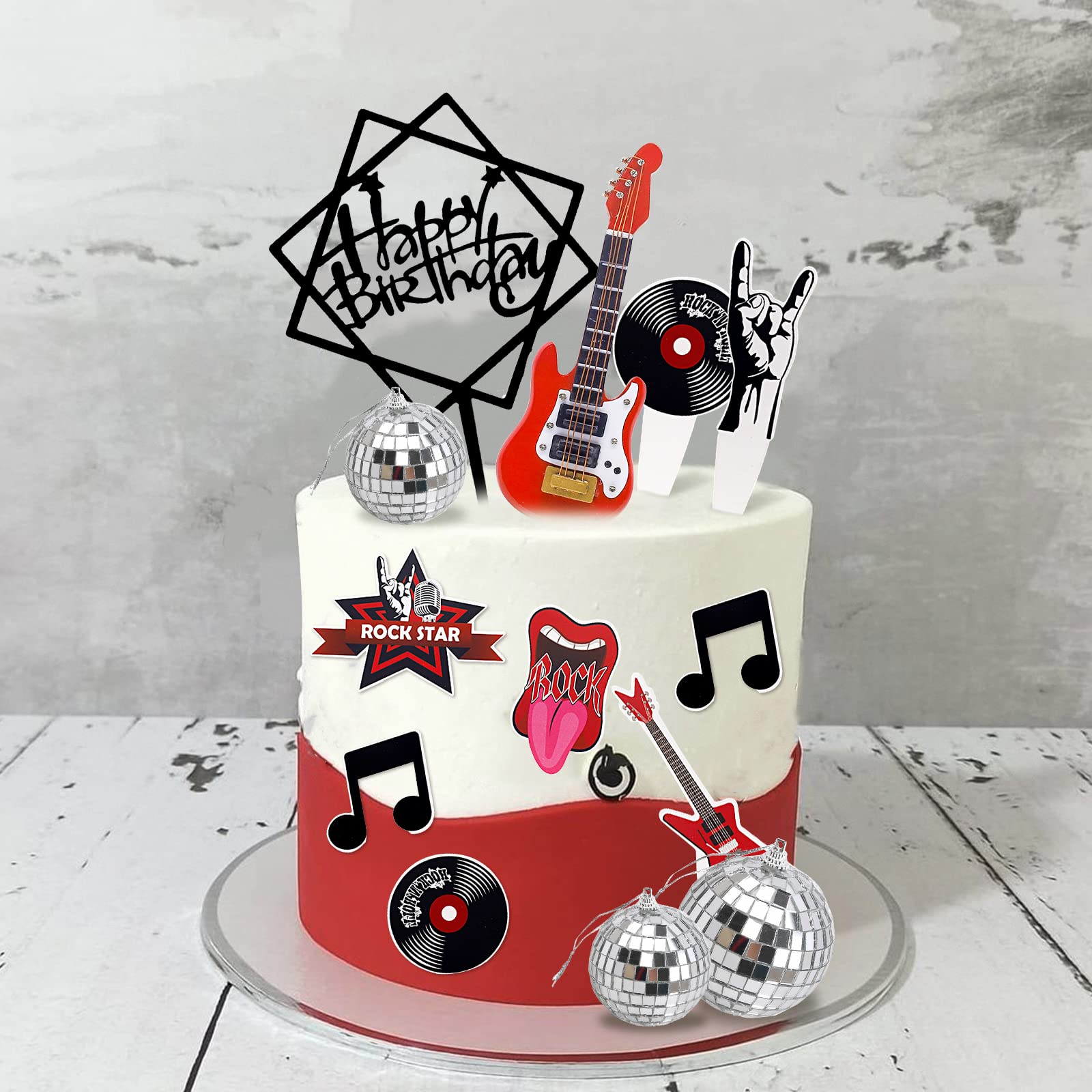 Tortendeko Disco – Gitarren Cupcake Picks & Happy Birthday Schriftzug, Für Rock & Roll Geburtstag