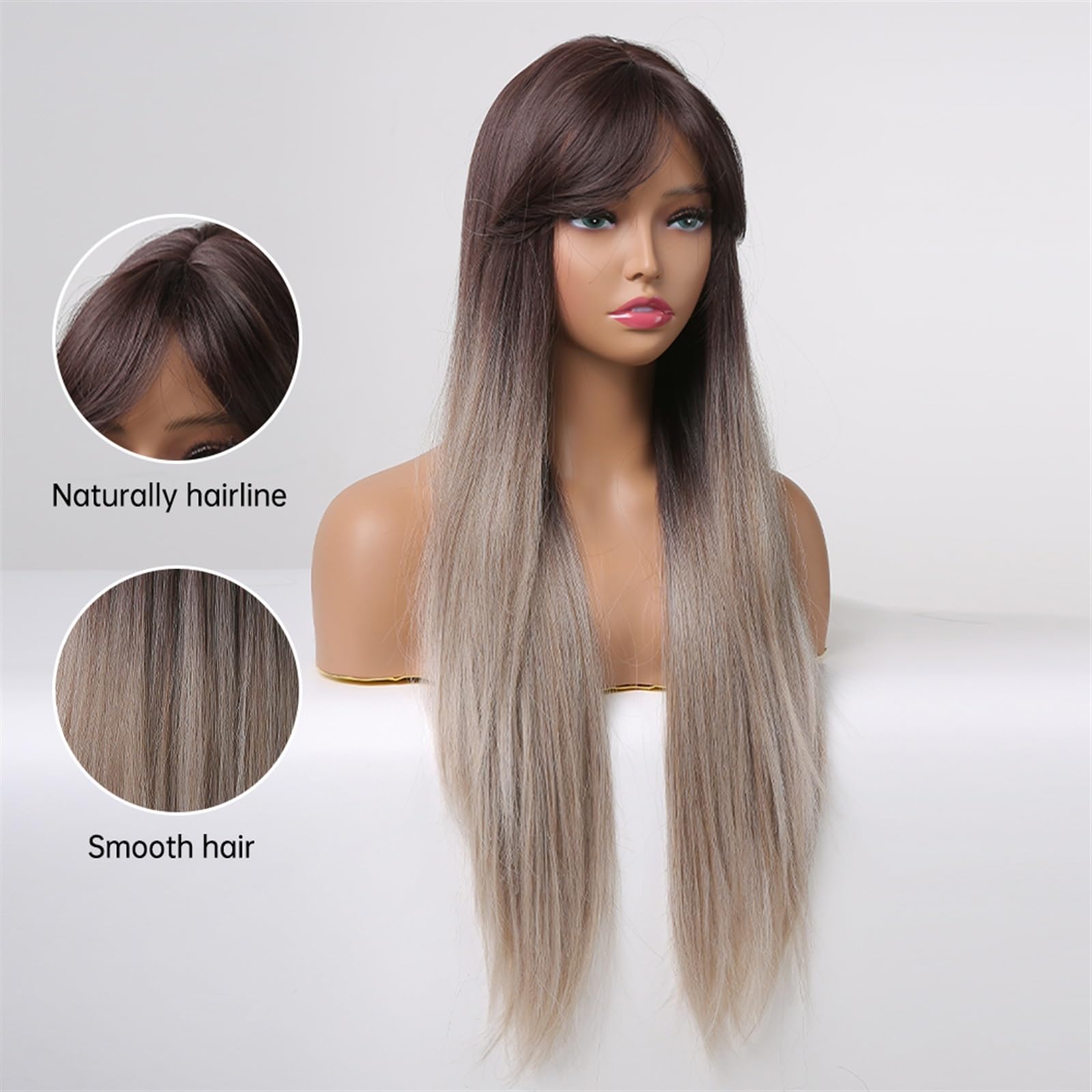 Peruki z koronką falową Długie syntetyczne Ombre brązowe szare peruki z grzywką proste Cosplay peruki naturalne dla czarnych kobiet żaroodporne sztuczne włosy Peruki z naturalnych włosów syntetycznych