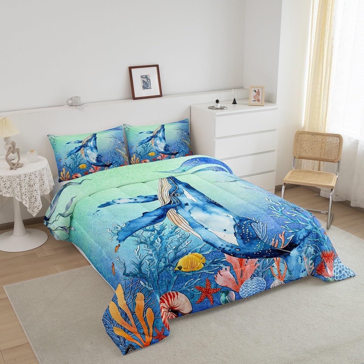 Whale Bedding Sets - Queen Size, Kids Teal Whale Comforter Set with Ocean Decor, Sea Animal Duvet Insert, Starfish Coral Quilted Comforter and 2 Pillow Covers