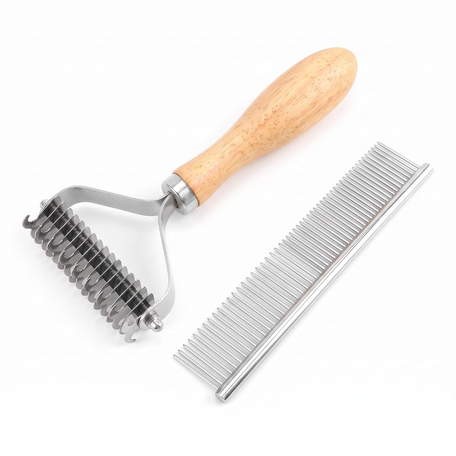 Dematting Comb for Dogs & Cats, Pet Undercoat Rake to Loosen Mats & Tangles | 2-in-1 Wooden Handle Deshedding Comb for Dog & Cat. Removes Tangles, Loose Fur, and Undercoat Gently. Great for Double Coats.