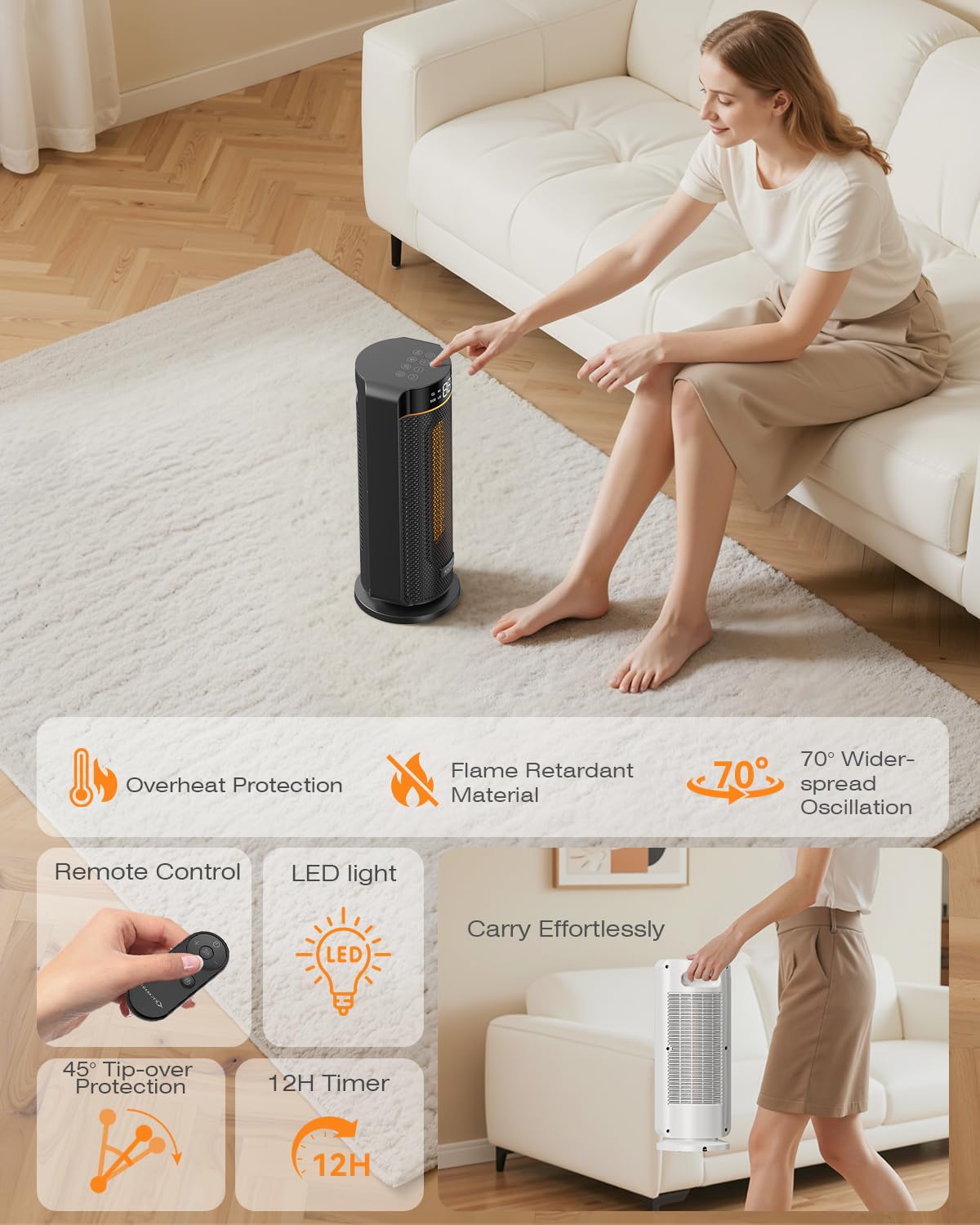 MYCARBON Stufa Elettrica da Bagno Basso Consumo LED Display con TEMP Regolabile 5℃-35℃ 4 Modalità ECO Timer 12h Oscillazione 70° Stufetta 1900w Termoventilatore Spegnimento Automatico con Telecomando