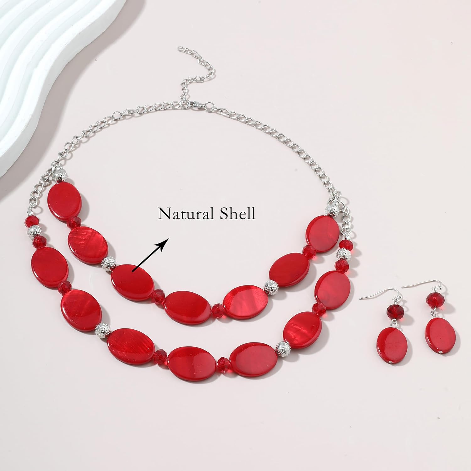 2 Layered Chunky Beaded Shell Necklace for Women Sea Shell blue/yellow/red/green/turquoise/teal/white Statement Necklace and Earring Set Elegant Women Necklace Set Jewelry Sets for Women - Image 7