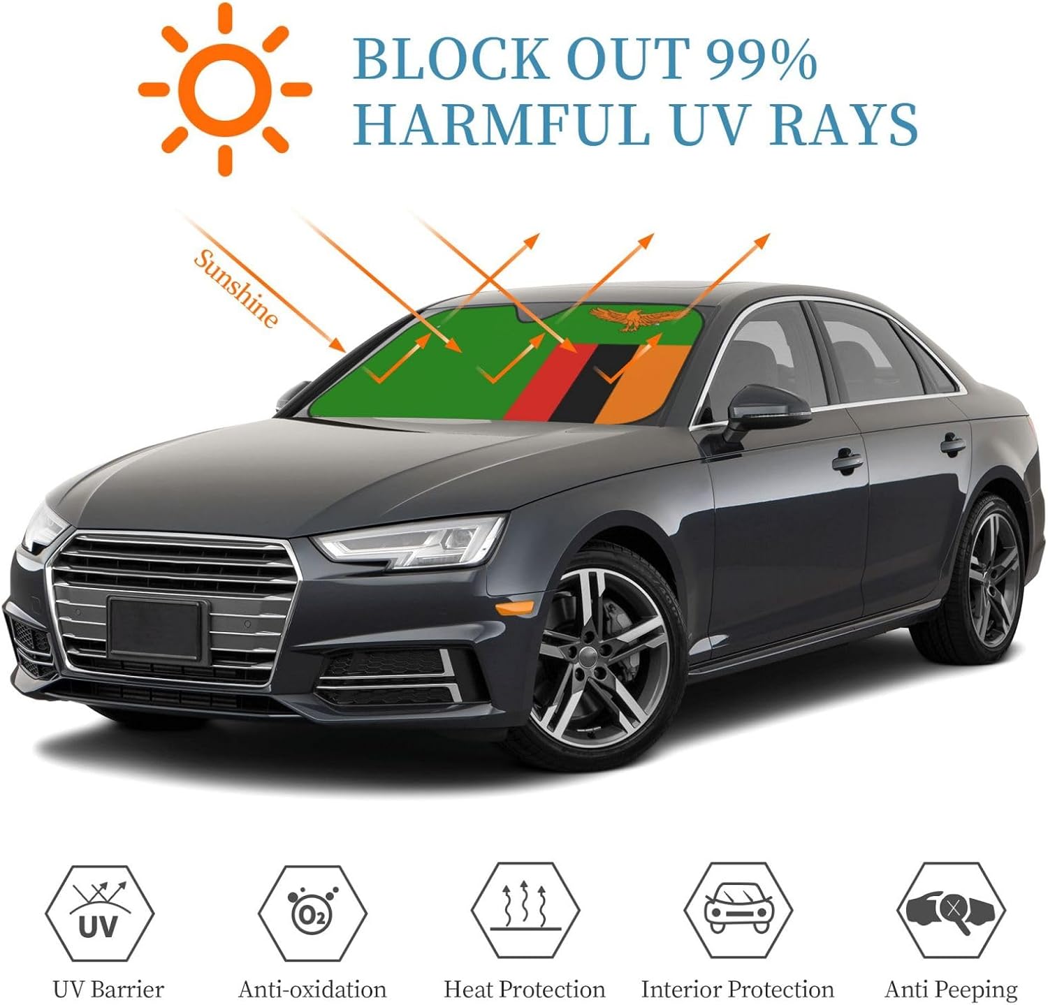 Zambia Flag Foldable Car Windshield Sunshade Blocks Heat and Sun Glare Uv Rays