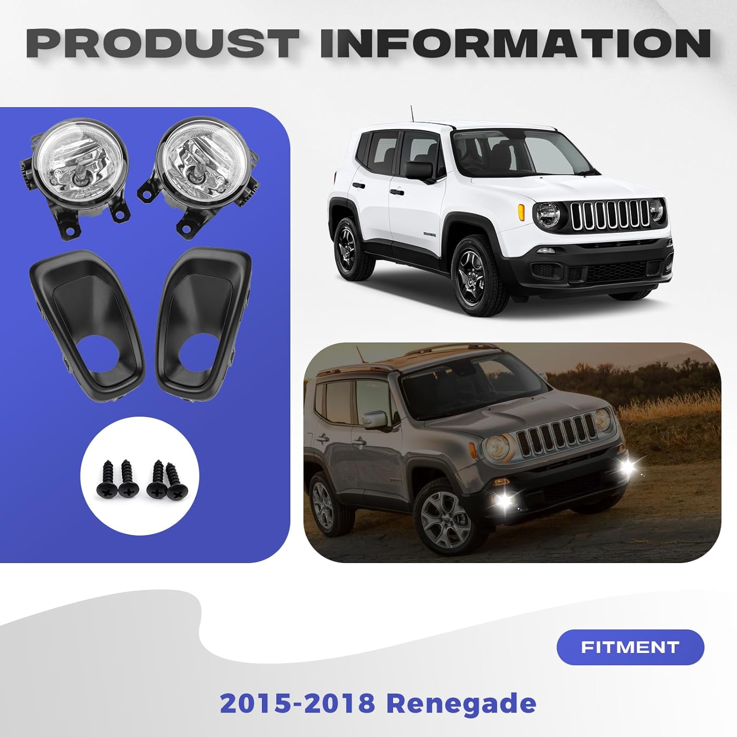RP Remarkable Power, Fit for 2015-2018 Jeep Renegade Clear Fog Light Bumper Lamps with H 8 12V 35W Bulbs Left and Right pair FL7168