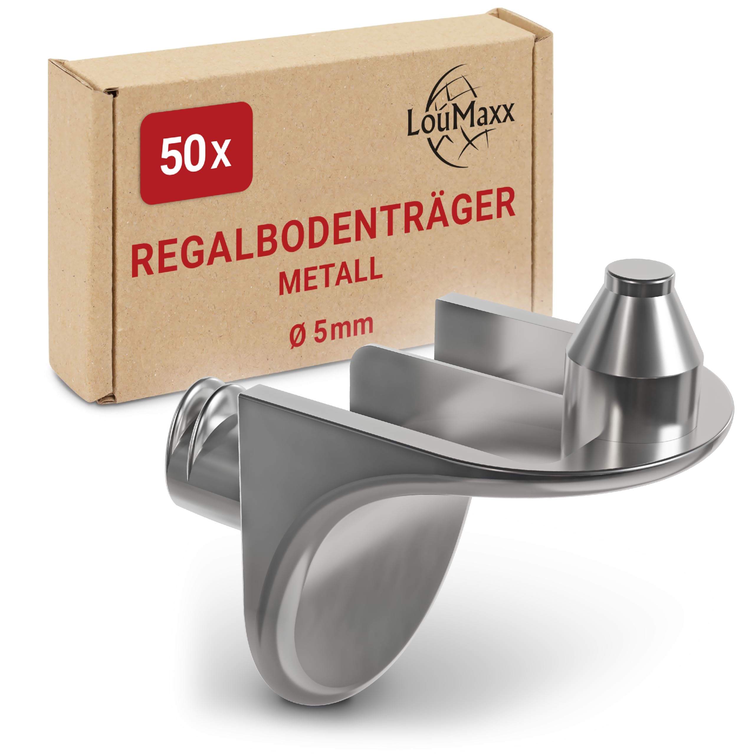 LouMaxx Winkelbodenträger mit Doppelzapfen | 50er Set Regalbodenträger | Sicherheits Bodenträger 5mm | Einlegeboden Halter aus Zamak vernickelt