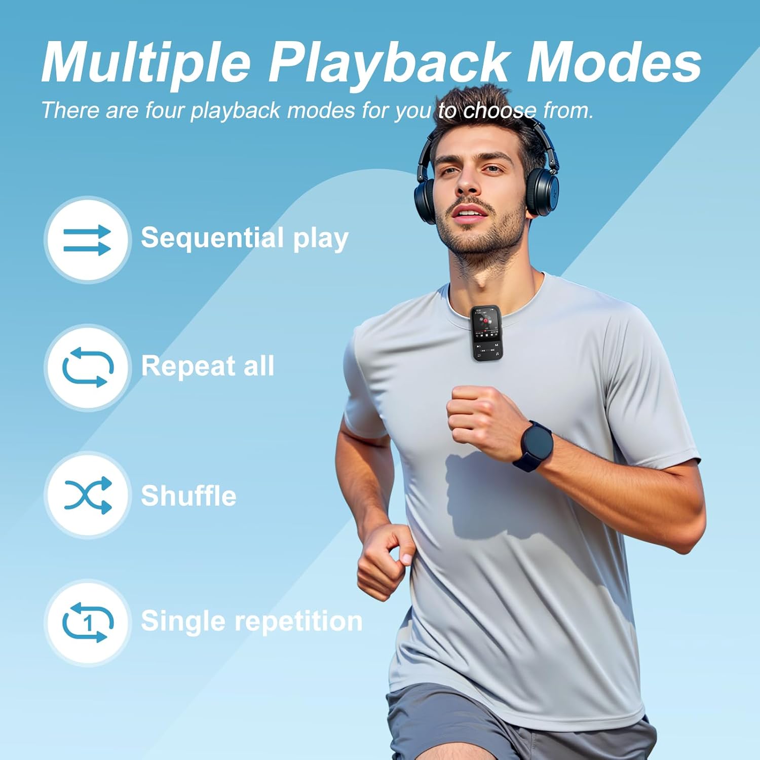 A runner wearing a ZAQE X20 MP3 player clipped to their shirt, with graphics illustrating four playback modes: Sequential play, Repeat all, Shuffle, and Single repetition.