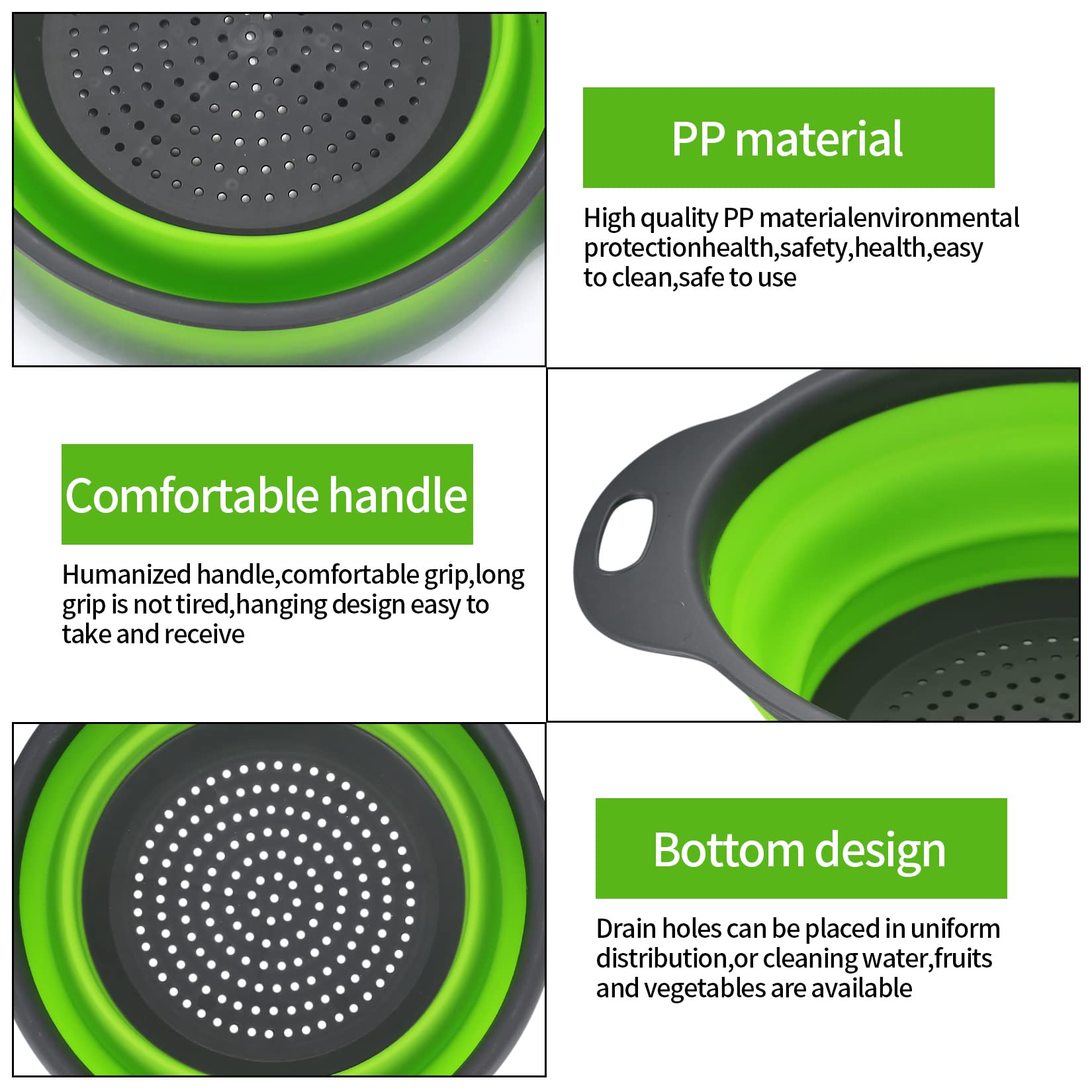 Passoire Pliable Silicone 3 Pièces avec Poignées pour Pâtes Légumes Fruits Vert