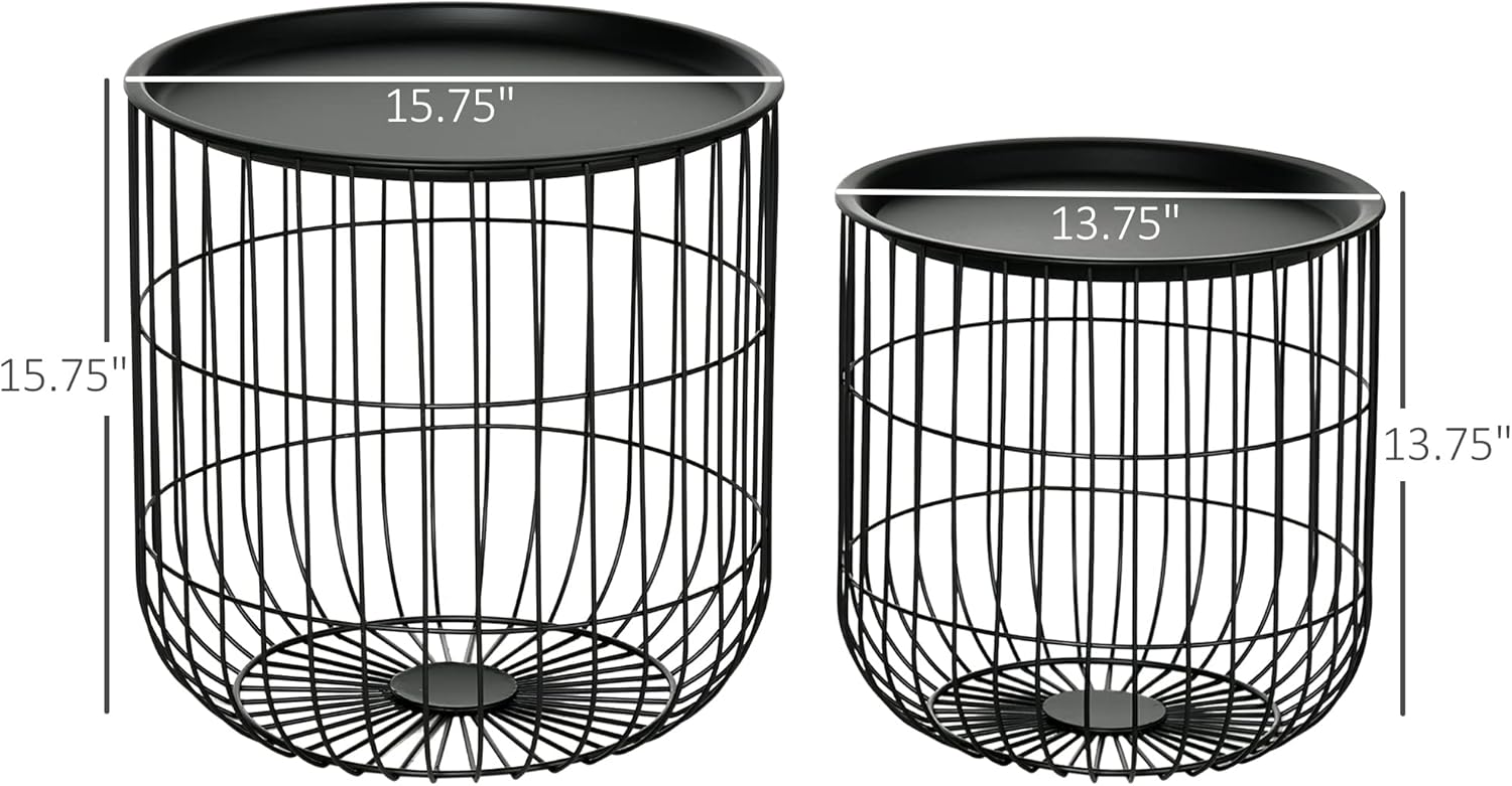 HOMCOM Nesting Coffee Tables, Round Coffee Table Set of 2 with Steel Wired Basket Body and Removable Top, Stacking End Tables Blanket Storage for Living Room, Black
