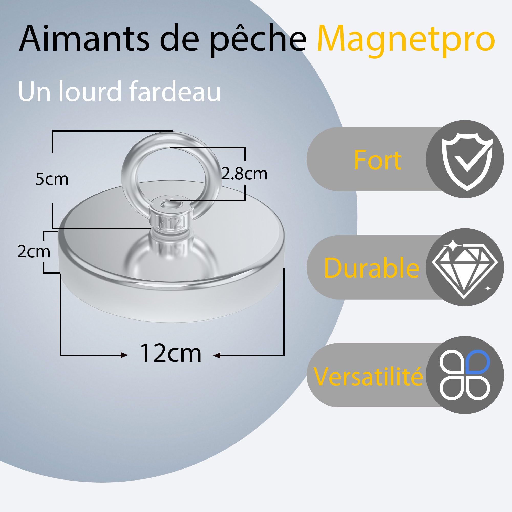 Magnetpro aimant de pêche puissant en néodyme, force de traction supérieure à 770 kg, avec anneau de levage, diamètre 120 mm, pour la pêche magnétique, la chasse et la récupération en rivière | Aimants résistants aux terres rares avec vis à œil, diamètre