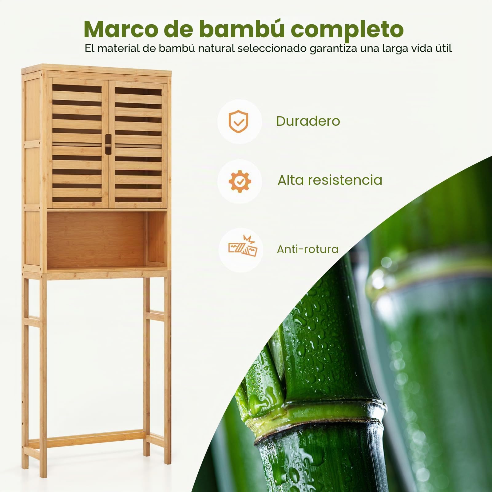 LIFEZEAL Estantería de Baño de Bambú, Armario Alto con 2 Puertas y Estante Abierto para Lavadora y Secadora