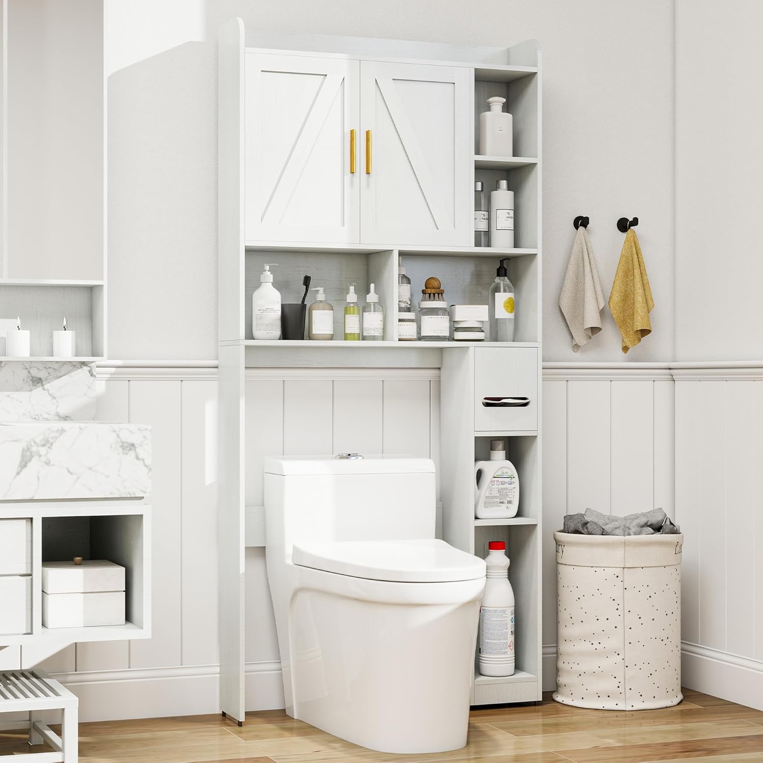 Farmhouse Over the Toilet Storage Cabinet with 2 Doors & 7 Shelves - Rustic Bathroom Cabinet Organizer Storage for Bathroom, Laundry