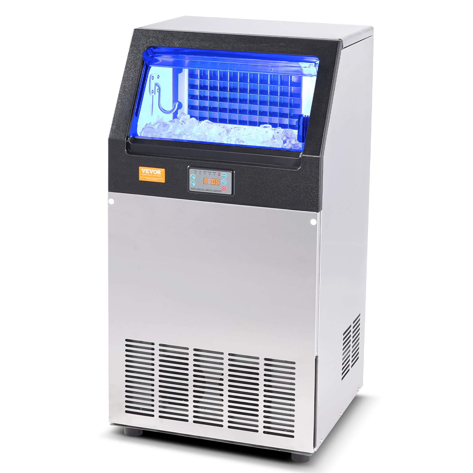 VEVOR Kommerzieller Eisbereiter 45 kg/24 h Eiswürfelmaschine 55 Eiswürfel in 12–15 Minuten Freistehender Schrank-Eisbereiter 15 kg Speicherkapazität LED-Digitalanzeige Silber