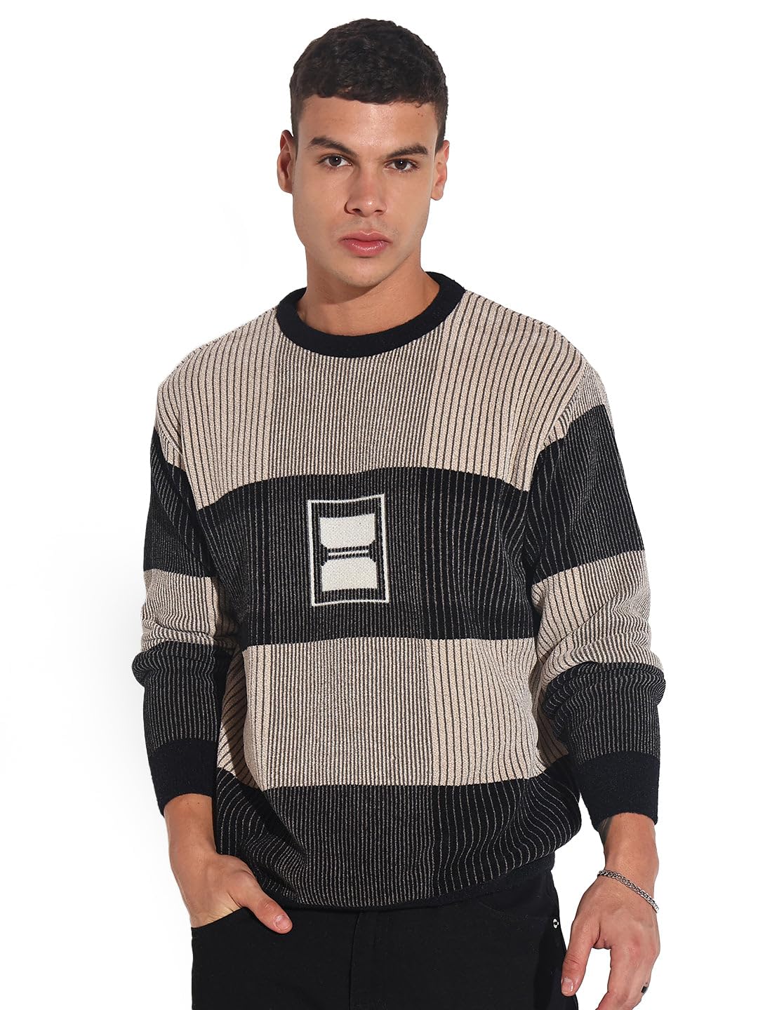 Edition Men's Striped Black Ribbed Round Neck Sweater-LBR-2510_Black-image-19