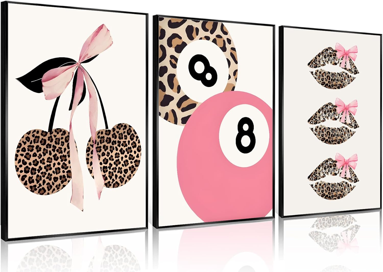 Trendy Pink Leopard Bow Wall Art Set of 3 Funky Cherry Lucky 8 Ball Posters Prints Cute Coquette Preppy Room Aesthetic Wall Decor Pictures for Girls Bedroom Apartment Dorm Unframed 12x16in Pink 16L" x 12W"poster