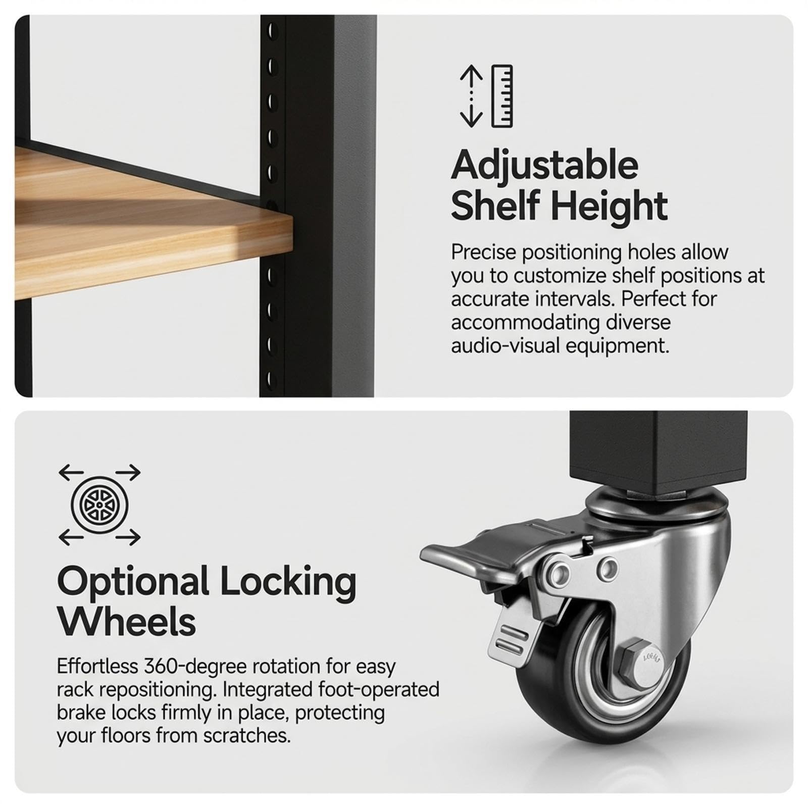 HiFi Rack mit Rädern, Hifi Regal aus Holz & Stahl, Verstellbaren Ablagen