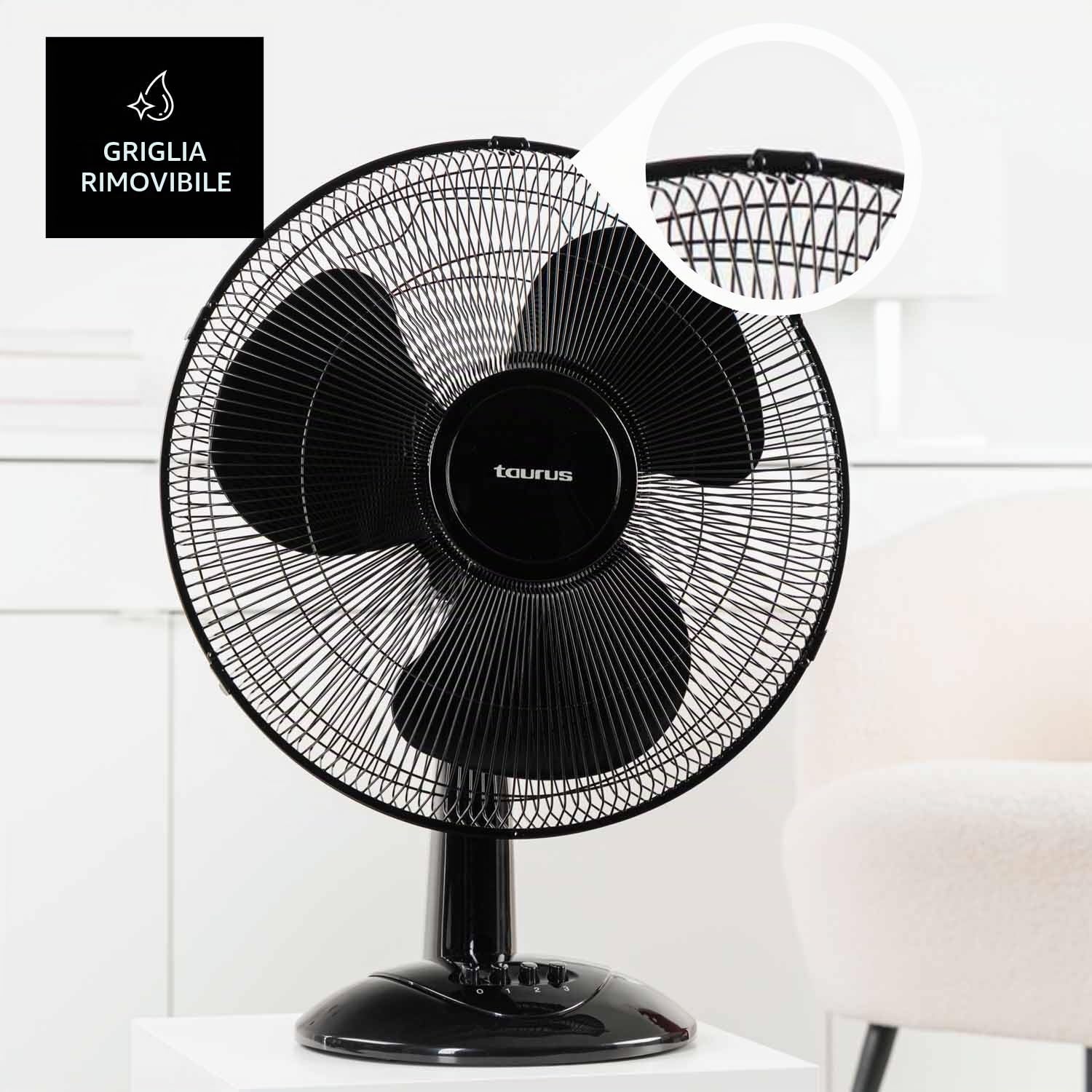 Taurus – Ventilatore da tavolo Greco 16 Elegance | 45W | 3 pale 40 cm | 3 velocità | Oscillazione automatica | Inclinazione regolabile | Compatto e silenzioso | Portatile | Base antiscivolo | Nero