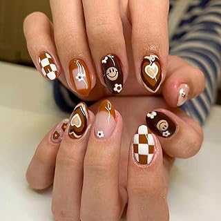 Short Press on Nails Fall Cute Face Fake Nails Winter Brown Oval Glue on Nails Glossy Coffee with Checkerboard Flower Heart Design Short Nail Full Cover French Tip False Nails for Women Girls