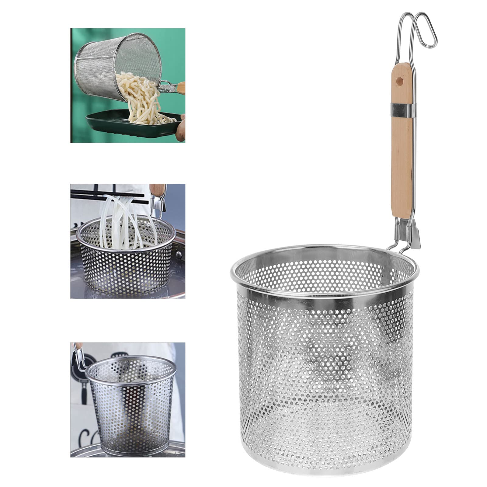 Nudelkorb aus Edelstahl, Nudelsieb, Nudelkorb mit Holzgriff, for Aufhängen von Spaghetti, Edelstahlgeflecht, Spinnensieb for Nudeln, Nudeln, Knödel, 18 cm Körbe (Farbe: Silber, Größe: 40,5 x 18 cm) (