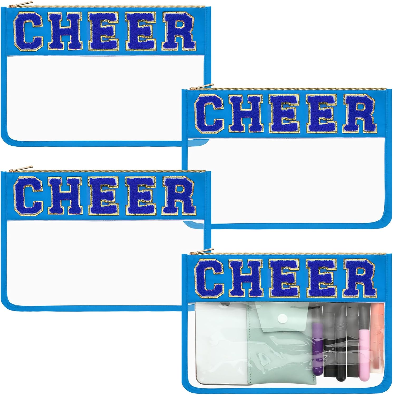 Abbylike 4 Pcs Cheer Makeup Bag Gift Set 11.8x8.2 Inches for Cheerleader Team Girls Clear Chenille Letter Cosmetic Bags Zipper Toiletry Makeup Pouch Bulk Women Travel Snack Bag(Blue,Cheer)