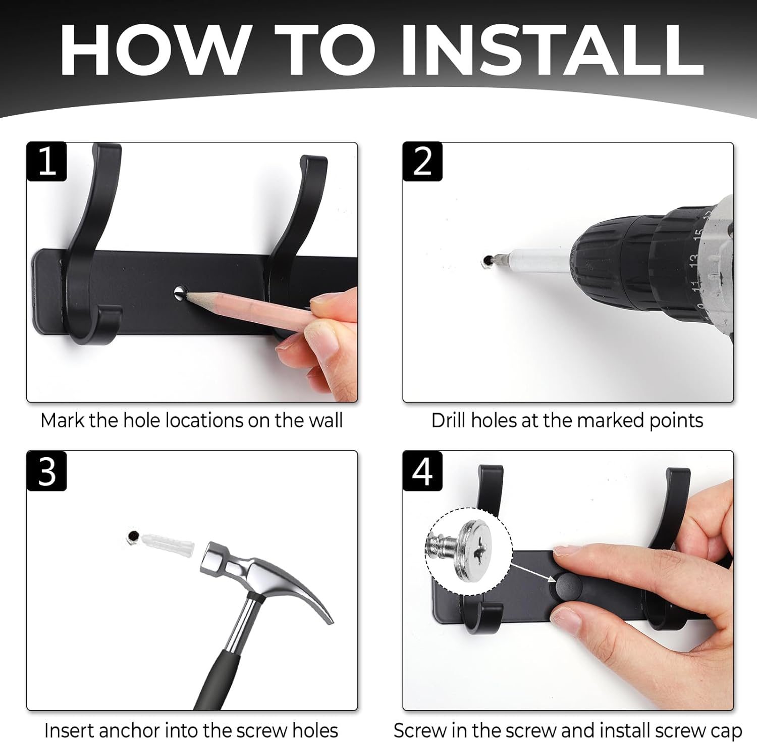 Coat Rack Wall Mount, 2 Pack Coat Hooks Hanger Wall Double Hook Rack Rail Towel Hat Rack Entryway Bathroom Hanger Organizer for Robes, Clothes, Bags, Hat(Black) - Image 5