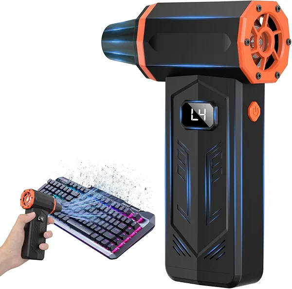 Compressed Air Duster,350,000RPM Turbo Jet Blower with LED Display and Light,4-Gear Adjustable Mini Air Broom,Electric Air Duster for Keyboard,PC,Car and Home,Replace Compressed Air Can (Orange)