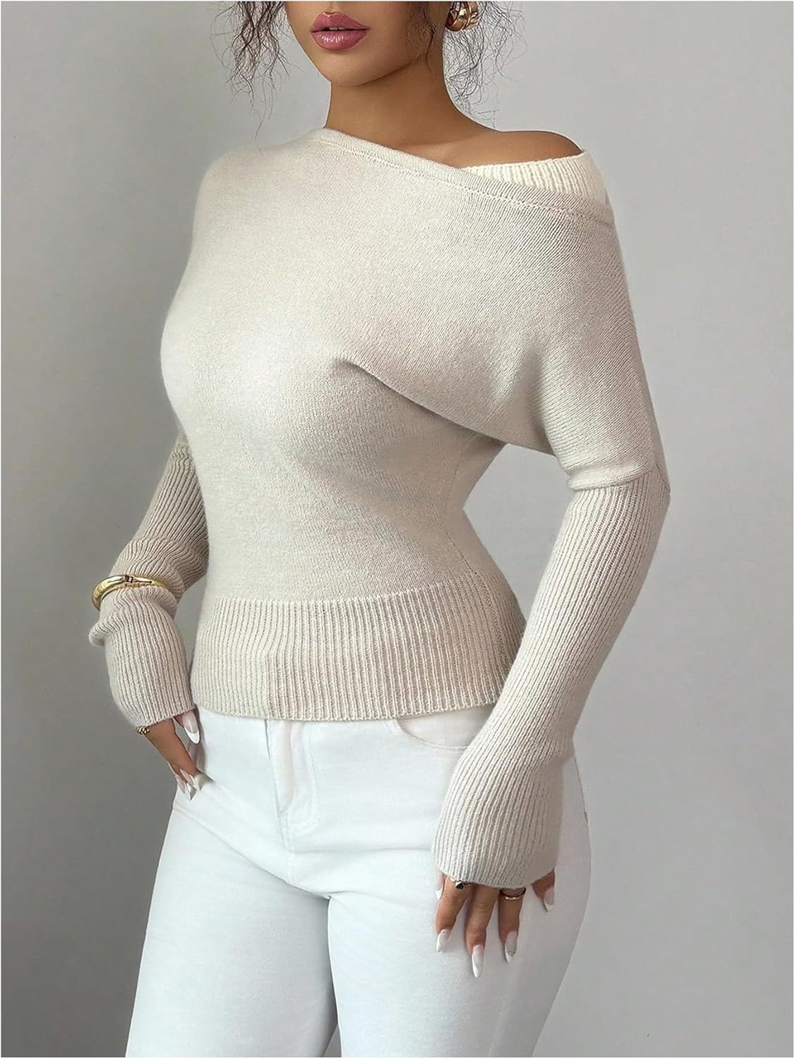 WDIRARA Women's Asymmetrical Neck Sweater Long Sleeve Pullover Knit Tops - Image 4
