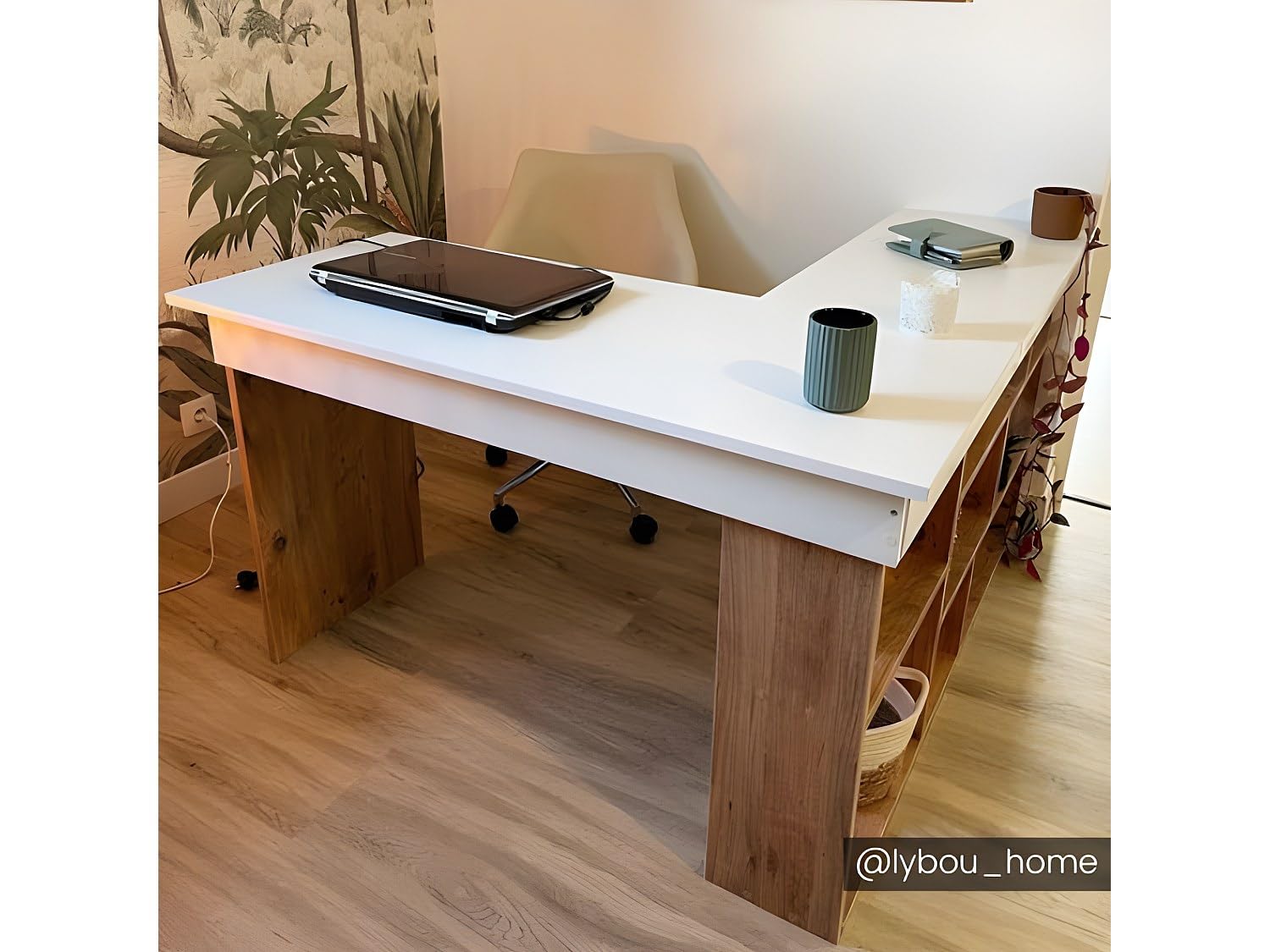 Vente-unique - Escritorio de Esquina con Almacenamiento - Color: Blanco y Natural - LILEUL