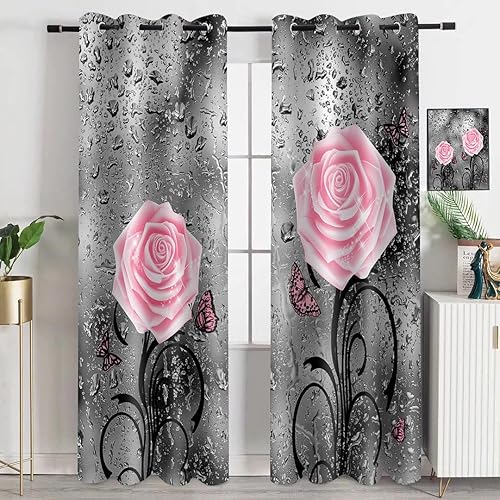 Miniatura 2 de EOTDMS CLOKEO0146 - Cortinas con estampado de rosas rosas para sala de estar, dormitorio, 42 x 84 pulgadas, poliéster, diseño de gotas de lluvia