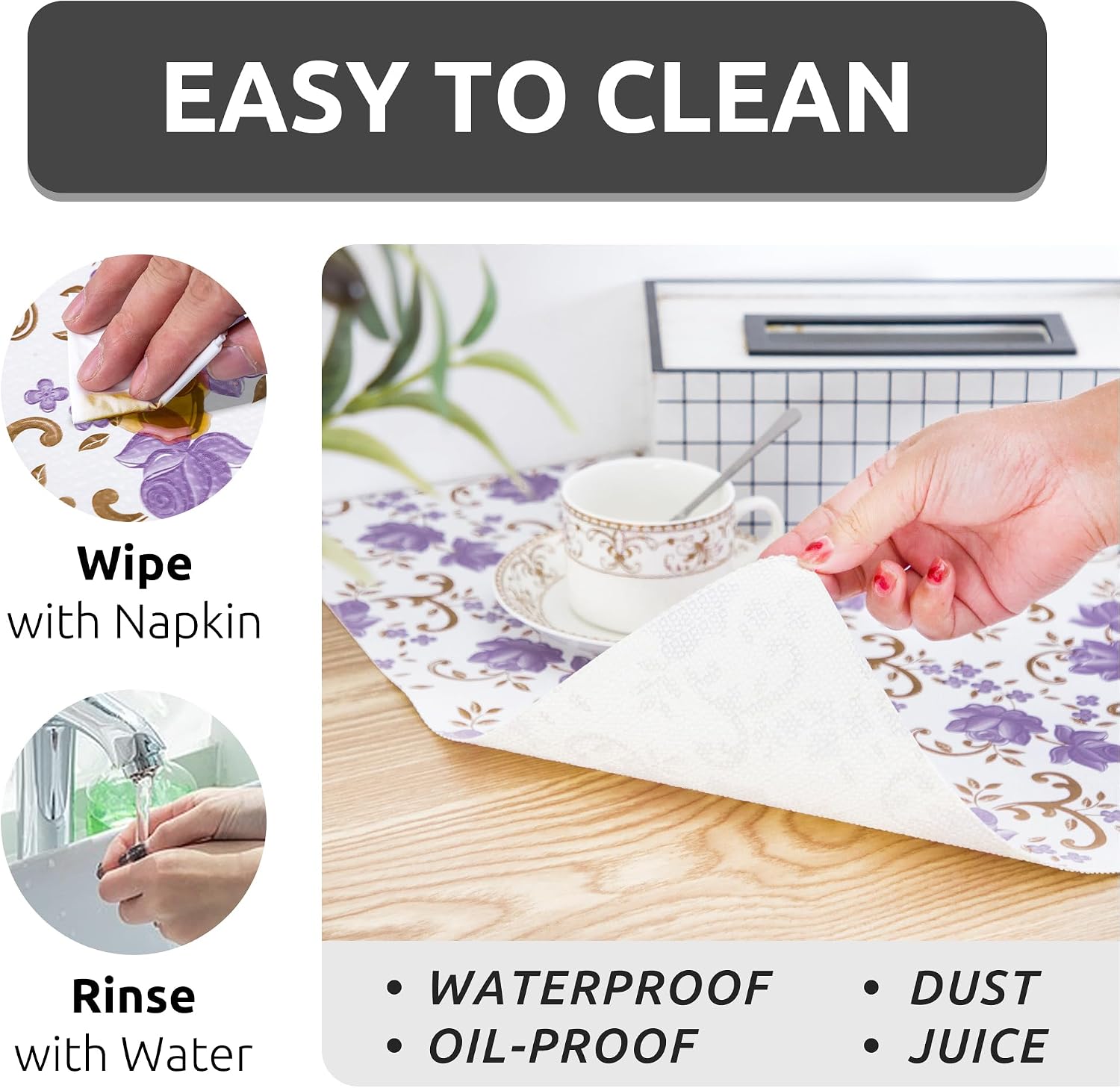 18X96 Inch Shelf Liner for Kitchen Cabinets, PVC Drawer Liner for Dresser Non-Slip Bathroom, Non-Adhesive Cabinet Liner Washable (Purple Floral)(5 Roll)