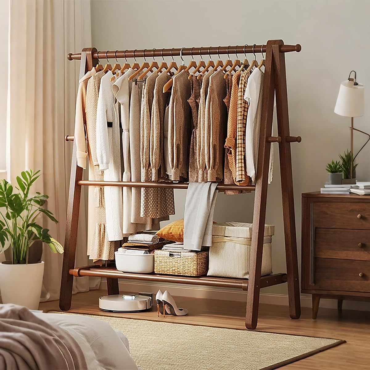 Perchero de Madera Maciza Plegable Grande, Perchero de Pie con Estante De Almacenamiento, 4 Ganchos, para Dormitorio Pequeño Apartamento Cuarto de Invitados Laundr, Haya Natural