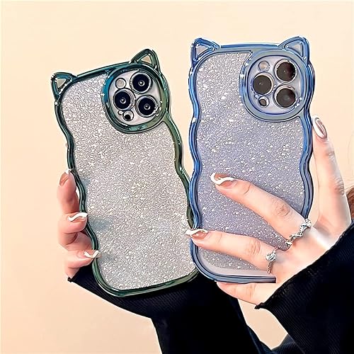 Miniatura 2 de Funda con purpurina para mujer para iPhone 13 Pro Max, marco ondulado rizado, funda brillante para iPhone 13 Pro Max lindas orejas de gatito 3D