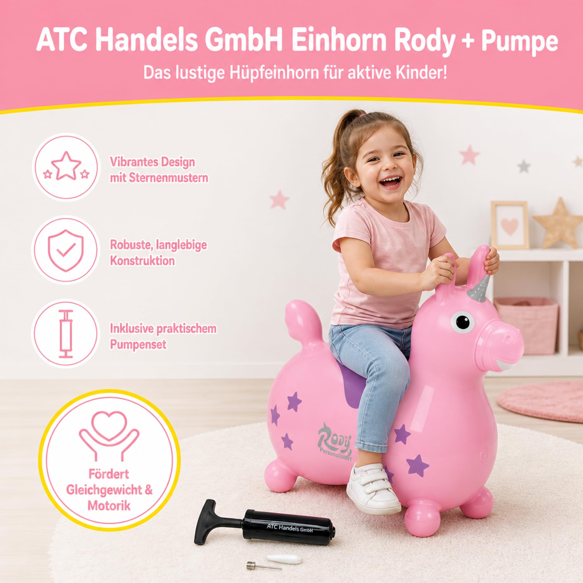 ATC Handels GmbH Einhorn Hüpfpferd Rody – Aufblasbares Hüpftier ab 3 Jahren – inkl. Ballpumpe (rosa)