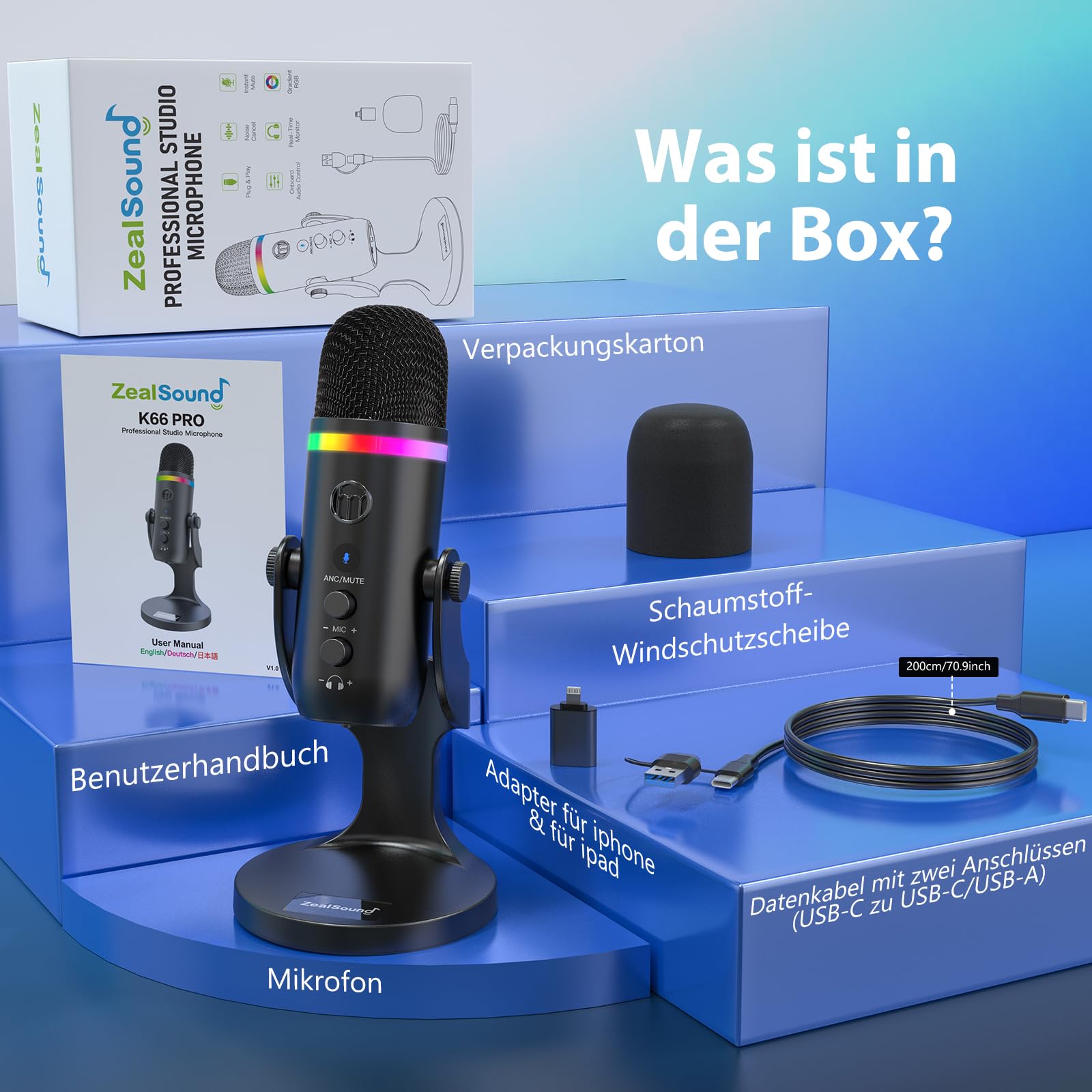 zealsound USB Mikrofon, RGB Gaming Mikrofon für PC, Handy & iPhone, mit Rauschunterdrückung, Stumm & Echo, Kondensator-Tischmikrofon für Podcast, Streaming, Twitch, YouTube, Discord auf Windows & Mac