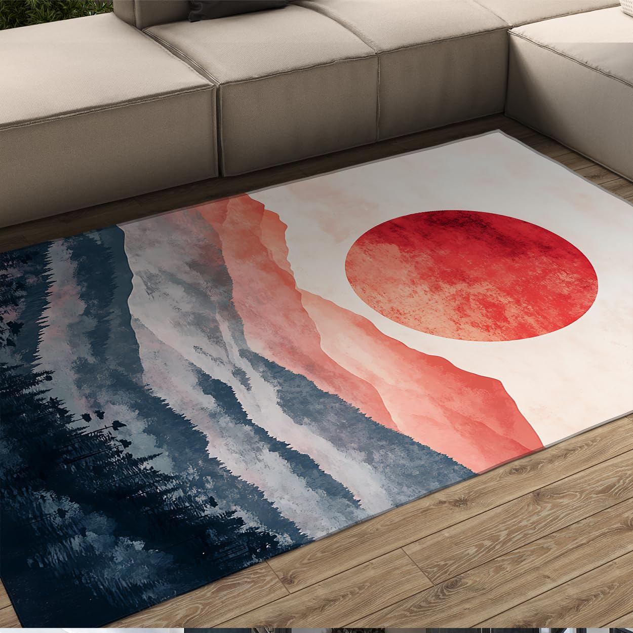 Tapis de salon bohème 140x200 ultra doux motif montagne ensoleillée